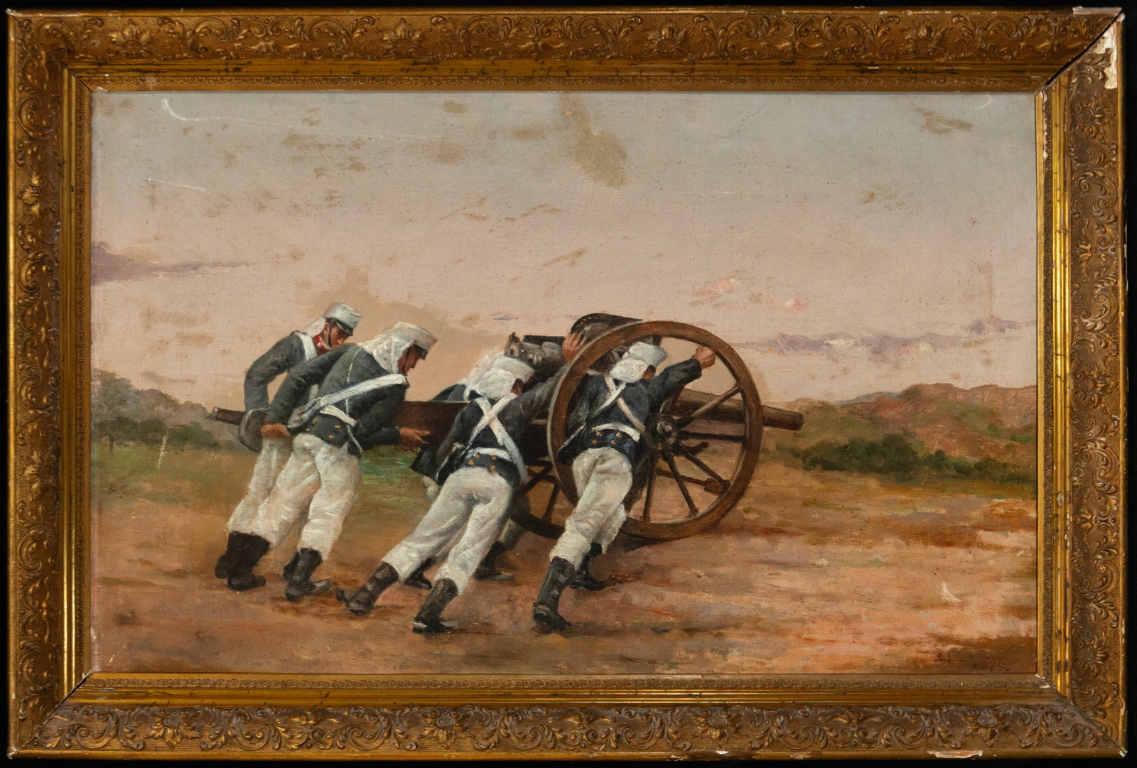 Scene of artillerymen pushing a cannon. Signed, European School, 19th Century (1 of 4)