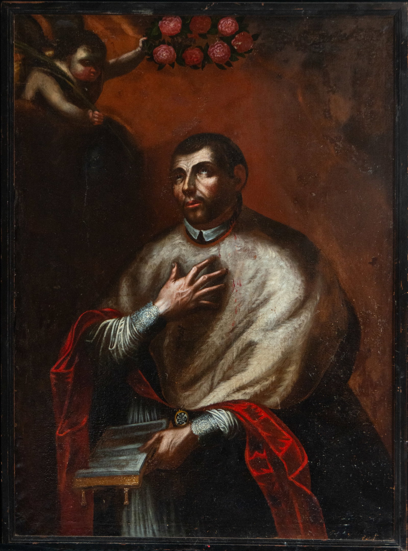 Portrait of a saintly bishop or archbishop with a crowning angel, colonial school, 19th century (1 of 5)