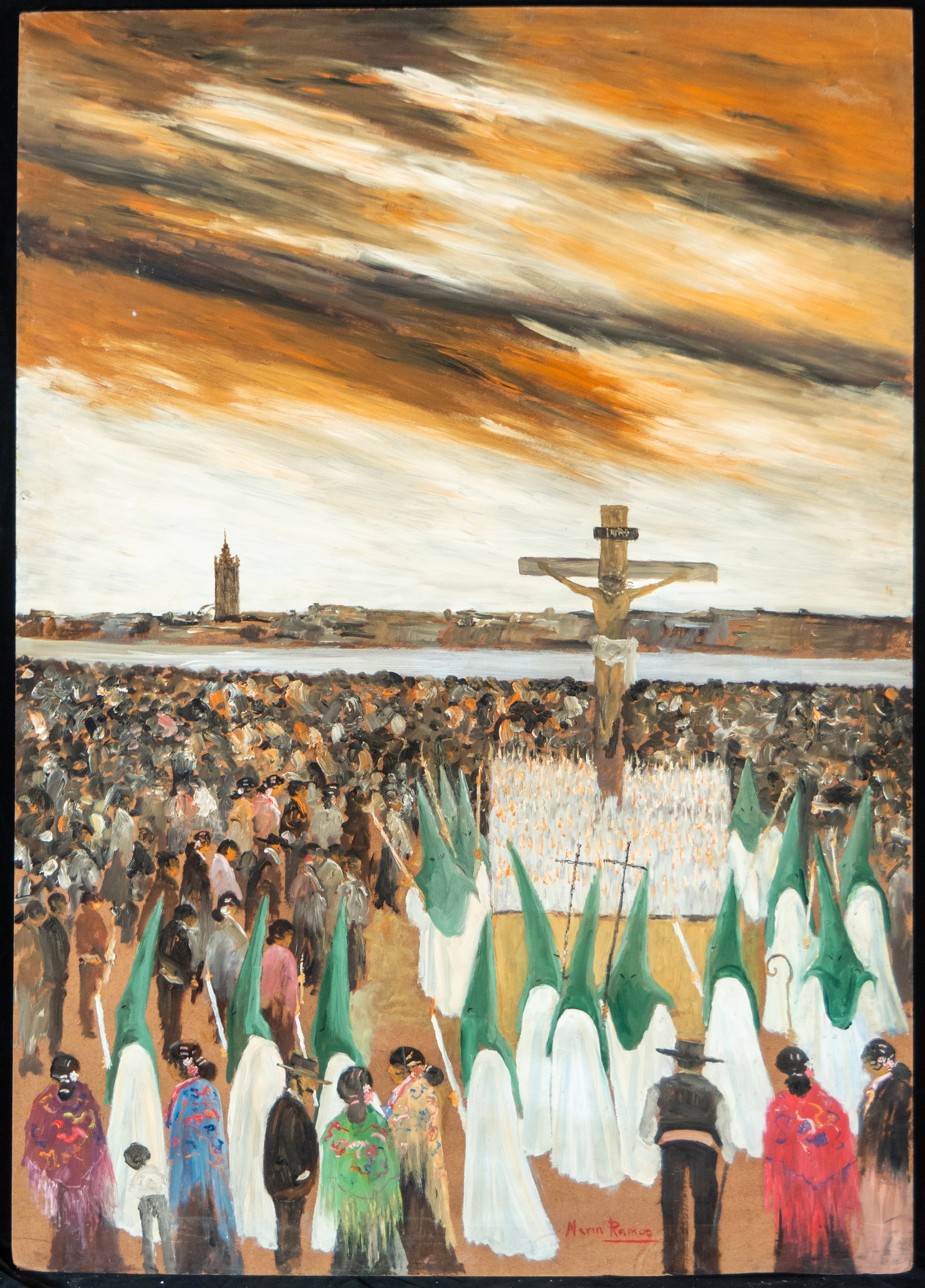 Penitential procession with crucifix, Signed Marín Ramos, Spanish school, 20th century: Oil on canvas. Dimensions 120 cm x 85 cm. A crowd gathers in a wide open space by the water during a penitential procession led by a large crucifix carried on a platform. In the foreground advance num
