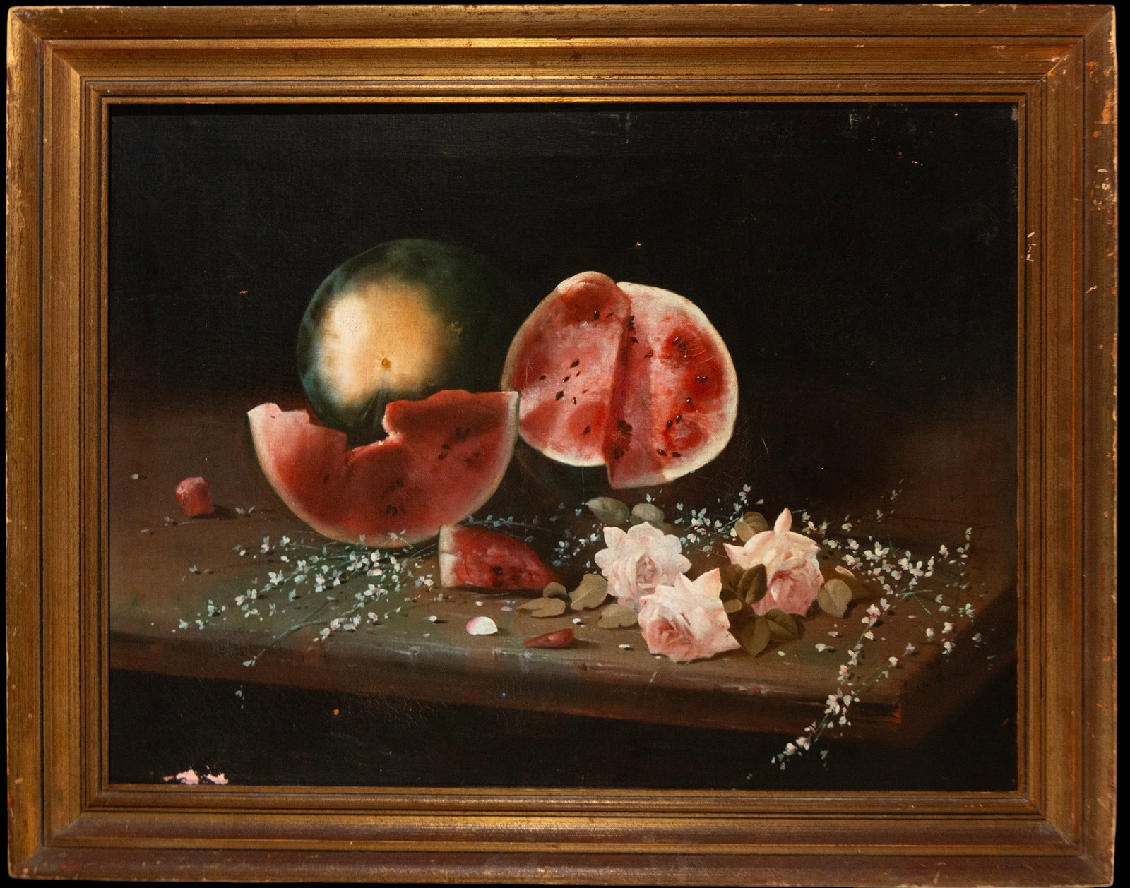 Still Life with Watermelons and Flowers. Signed, Spanish School, 20th Century: Oil on canvas. Measures 80 x 61 cm and 95 x 76 cm. Still life composition with open watermelons showing their red pulp next to light flowers arranged on a surface, with a dark background that accentua