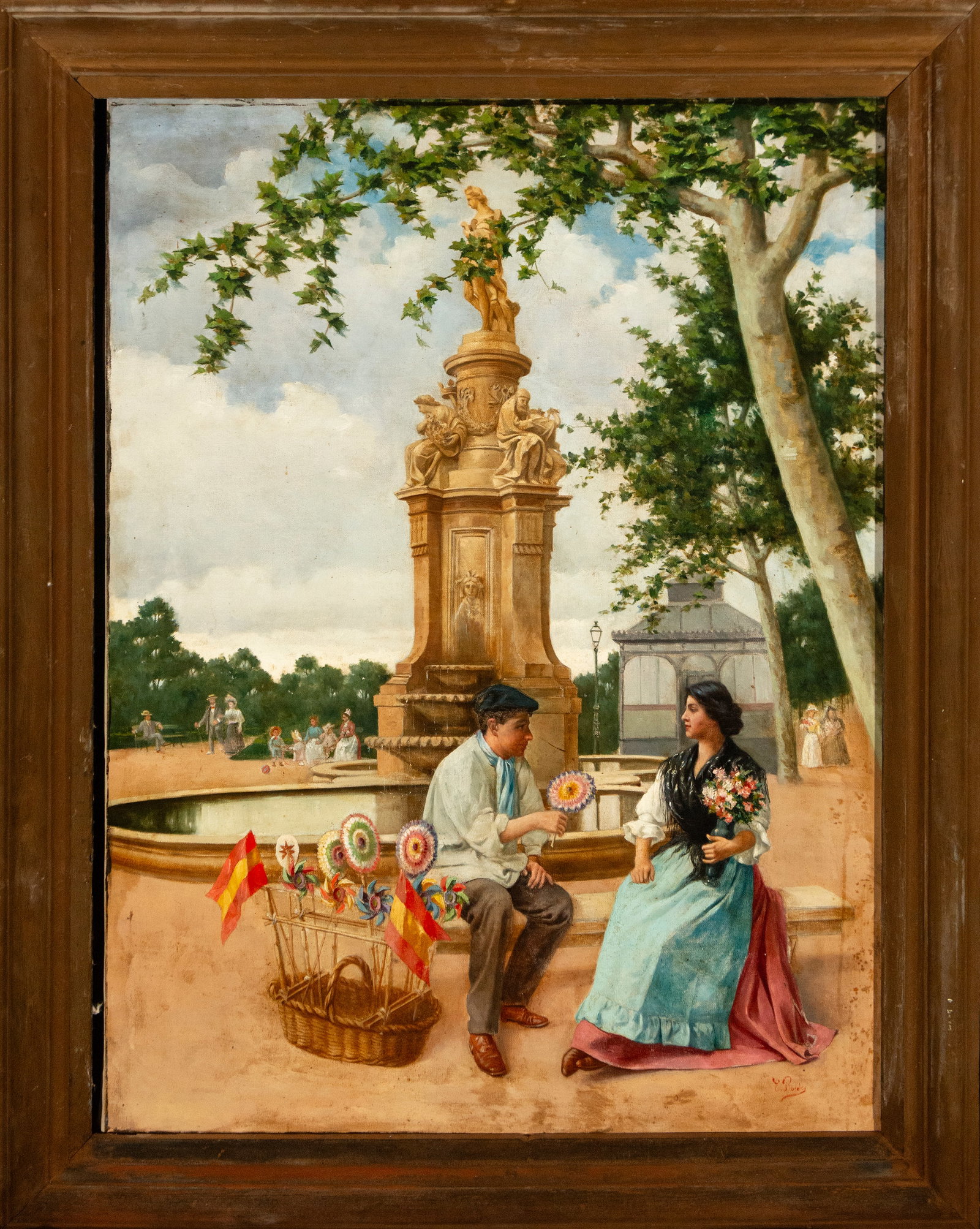 Genre scene with figures, “The Wafer Seller??. Signed. Spanish School, 19th Century: Oil on canvas. Dimensions: 90 x 70 cm and 106 x 85 cm. A series of genre scenes set in a landscaped urban space, depicting an everyday episode featuring a street vendor selling wafers and a young woma