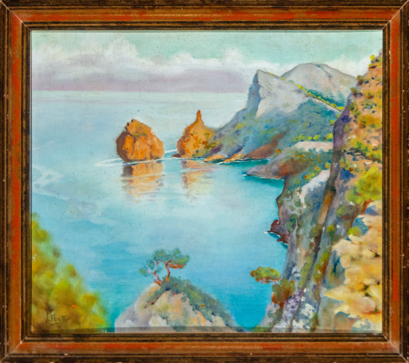 Coastal landscape. Signed Fuster. Spanish School, 20th century: Oil on panel. Dimensions: 44 x 37 cm and 50 x 42 cm. A luminous landscape depicting a cove with tranquil waters framed by rock formations and Mediterranean vegetation, its open composition drawing the