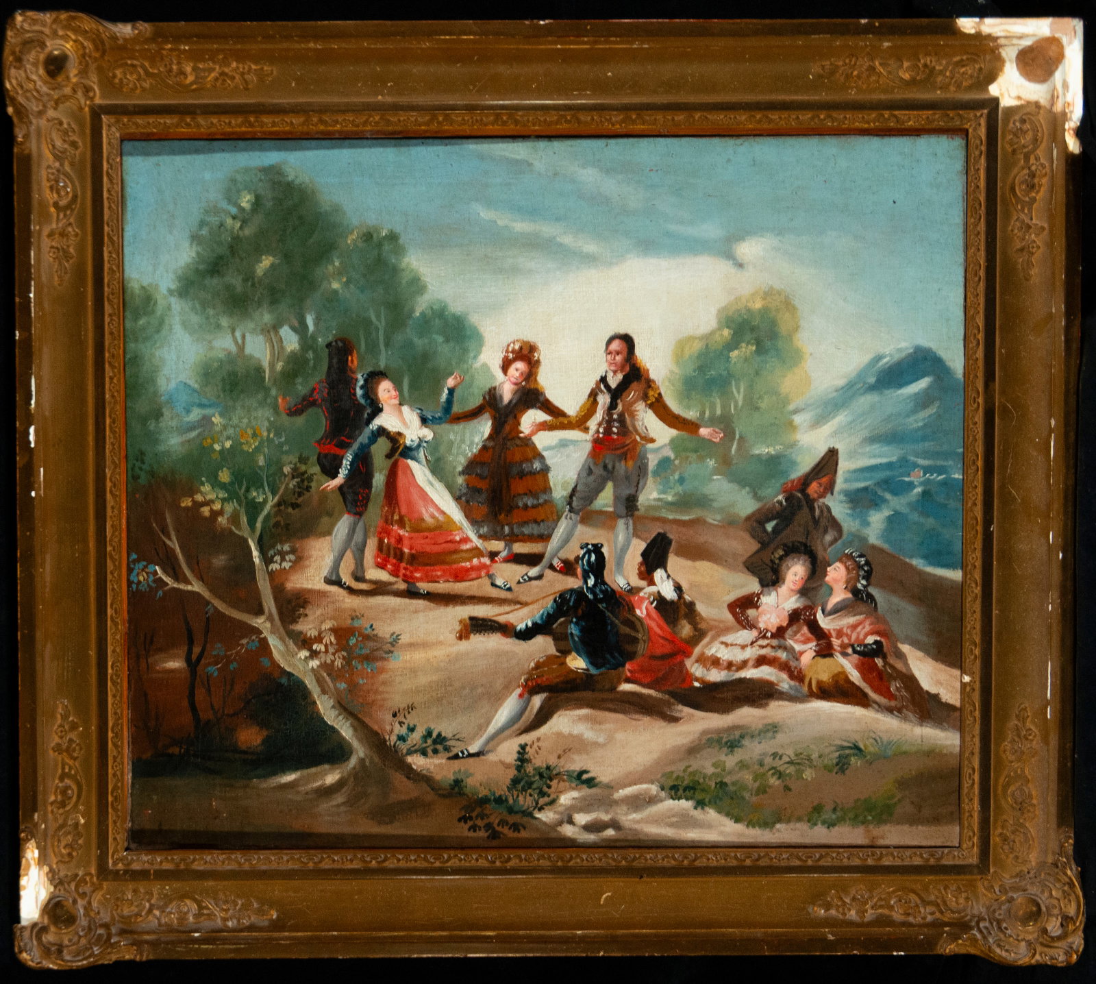 Goya-esque scene with figures. Spanish School, 19th century: Oil on canvas. Dimensions: 55 x 46 cm and 67 x 59 cm. A nighttime scene of intense drama set in an urban environment, where a group of figures gathers around a tense and agitated event. The compositio