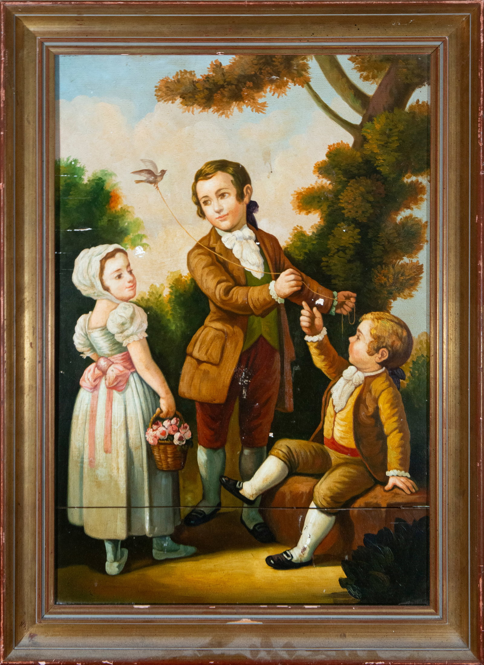 Children playing. European school. 19th century.: Oil on panel. Panel dimensions: 66 x 44 cm; framed dimensions: 78 x 60 cm. An outdoor children's scene featuring three children engaged in simple play, set in a natural environment rendered with lumin