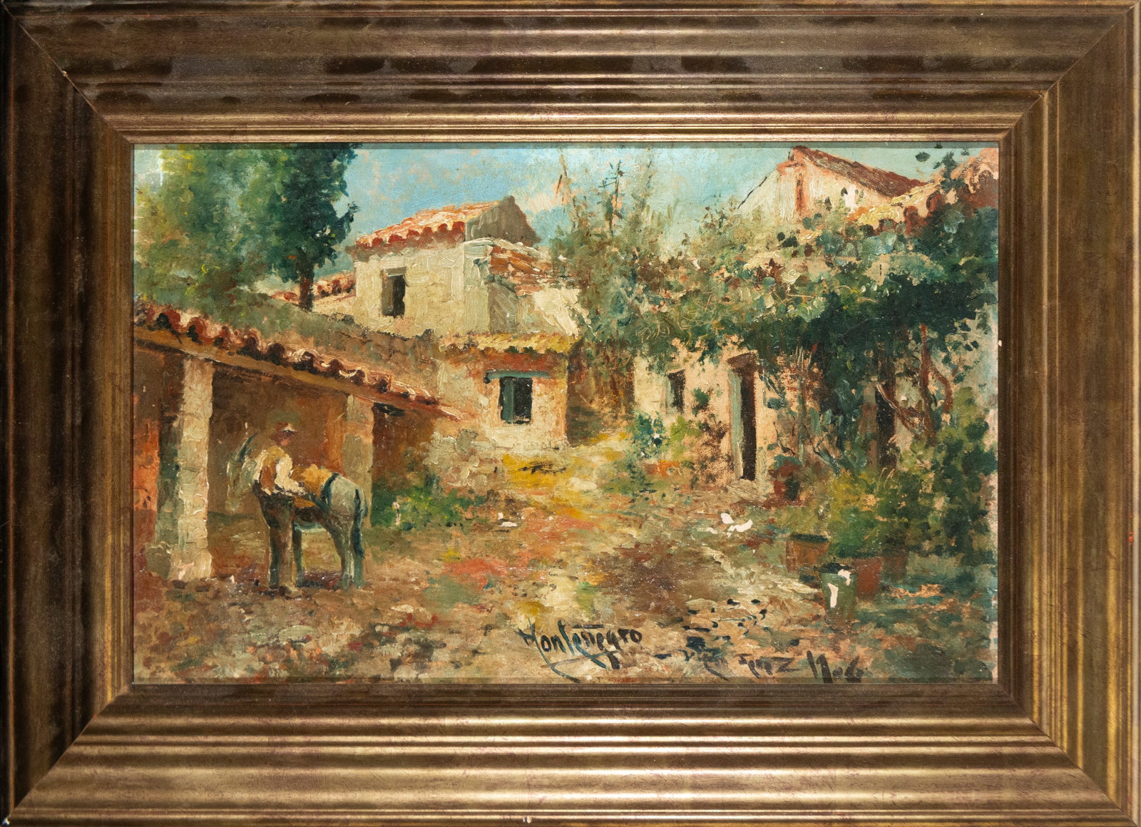 Rural landscape. Signed José Montenegro. Spanish School. 20th century.: Oil on canvas. Dimensions: 41 x 25 cm and 55 x 36 cm. A rural landscape with a warm atmosphere depicting a group of traditional buildings integrated into a natural environment, with an animal in the f