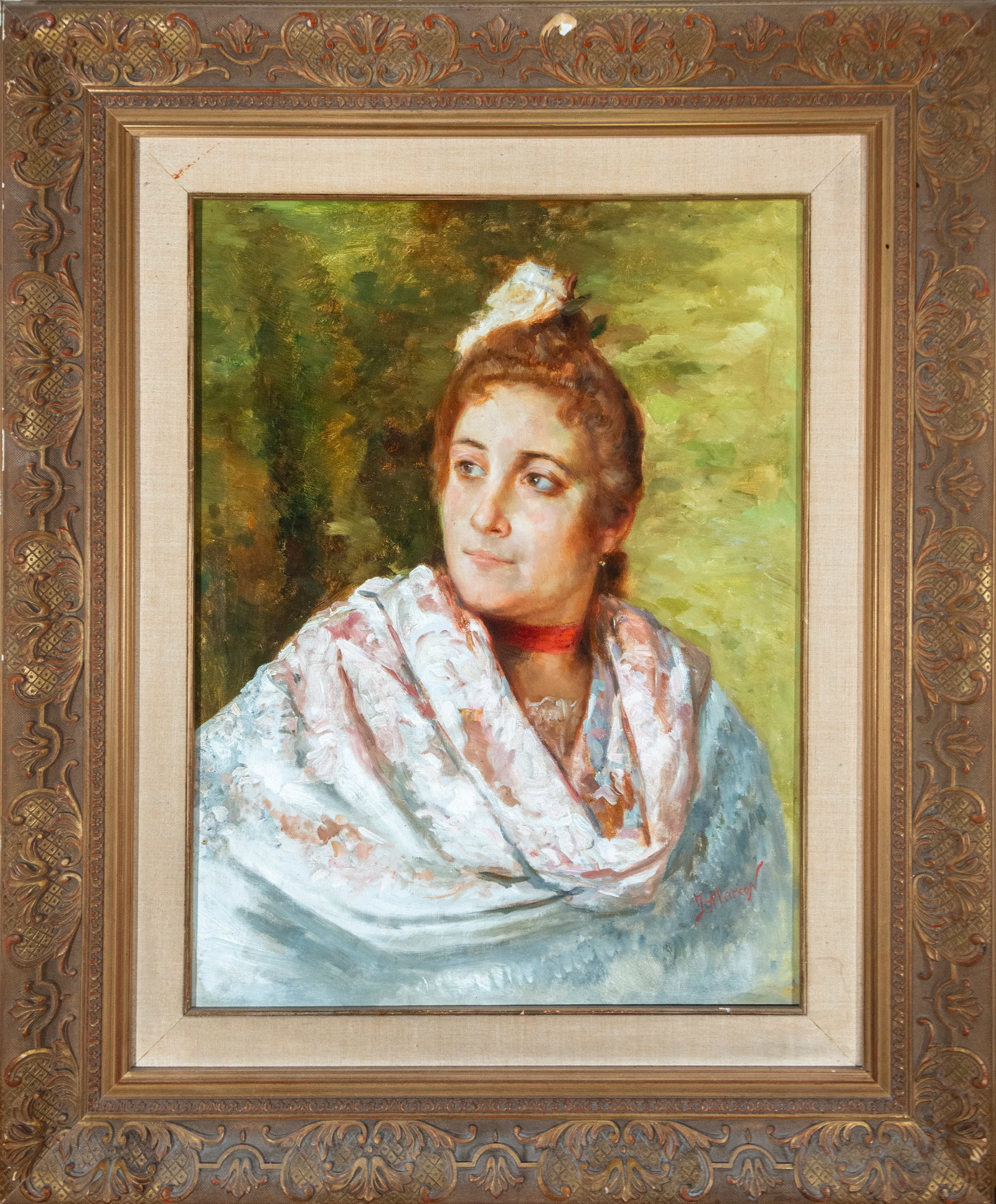 Portrait of a lady. Signed José Alarcón. Spanish School. 20th century.: Oil on canvas. Dimensions: 65 x 48 cm and 96 x 79 cm. Half-length portrait of a woman wrapped in a light-colored shawl, highlighting her serene expression and the delicate modeling of her face. The co