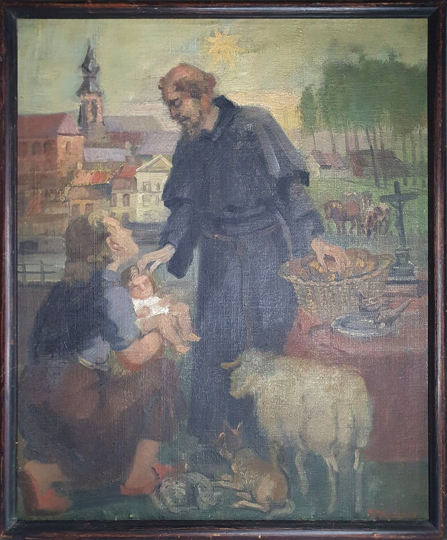 The Charity of Saint Anthony Romain Malfliet (Sint-Niklaas Waas 1910 - 2006) Belgian: Oil on canvas: 55x44.5cm. Framed: 57cm x 47cm