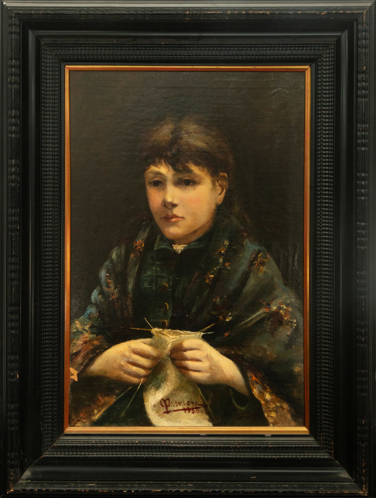 Portrait of a girl. Signed F. Masriera. Catalan School. 19th century.: Oil on canvas. Measures 57 x 37 cm. In this work, a young girl knits intently, captured with realism and tenderness. The light falls delicately on her hands and the knitting, highlighting the meticulo