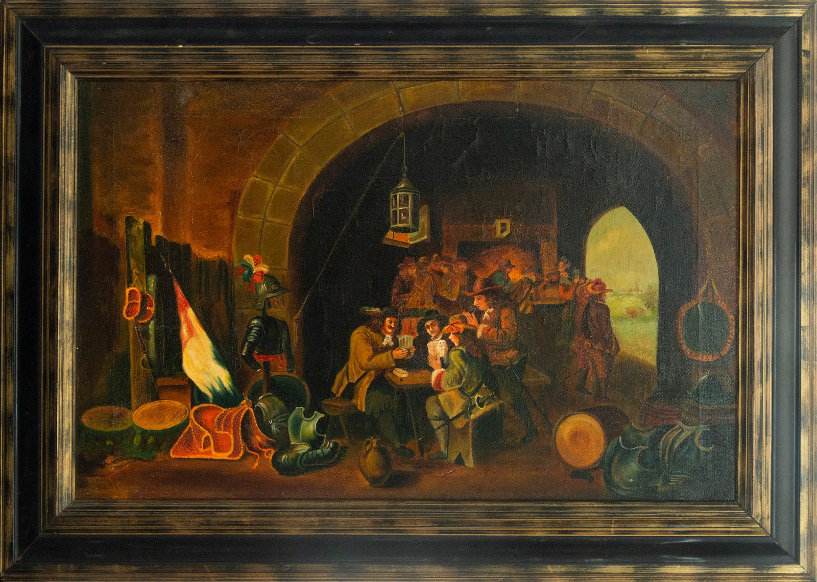 Tavern scene. Flemish School. 19th century.: Oil on canvas. Dimensions 75 x 49 cm. In the vaulted interior of an inn, a group of men drink and play cards, surrounded by armor, banners, and earthenware jugs. The somber atmosphere is enlivened by 