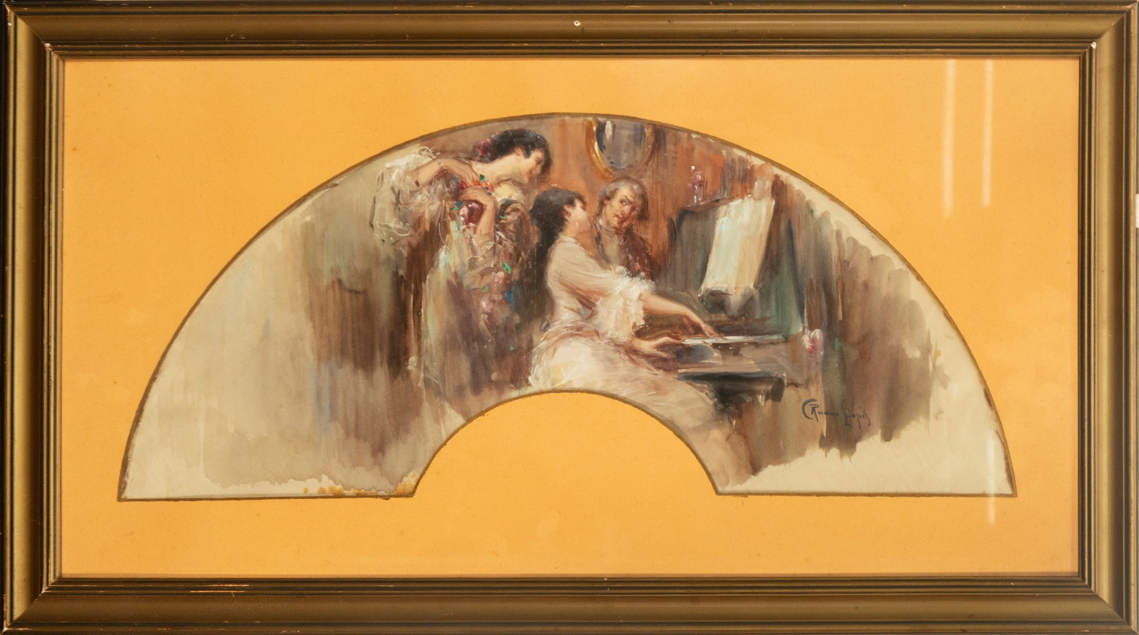 Fan-shaped landscape painted by Guasch de Ruano Llopis. Signed. Spanish School. 20th century. (1 of 2)