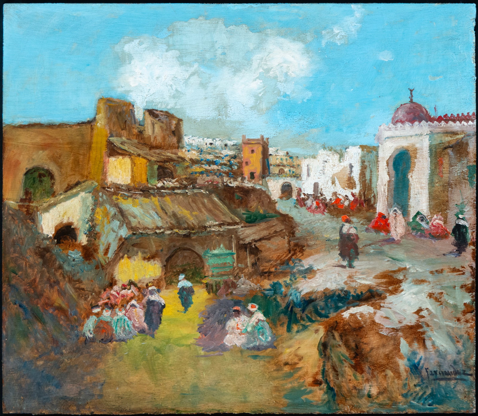 Orientalist Souk Bazaar, Fernández, 20th century: Oil on canvas. Measures 60 x 54 cm. View of a North African town with terraced architecture, groups of figures distributed along the street, and a large monumental gate on the right. In the foreground