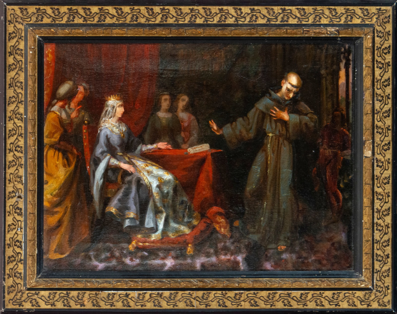 Cardinal Cisneros before Isabella the Catholic. Spanish School. 19th Century.: Oil on canvas. Measures 36 x 26 cm. Historical scene depicting Queen Isabella I of Castile offering the cardinal's hat to Friar Cisneros, who humbly refuses it. The composition, set in a palatial inte