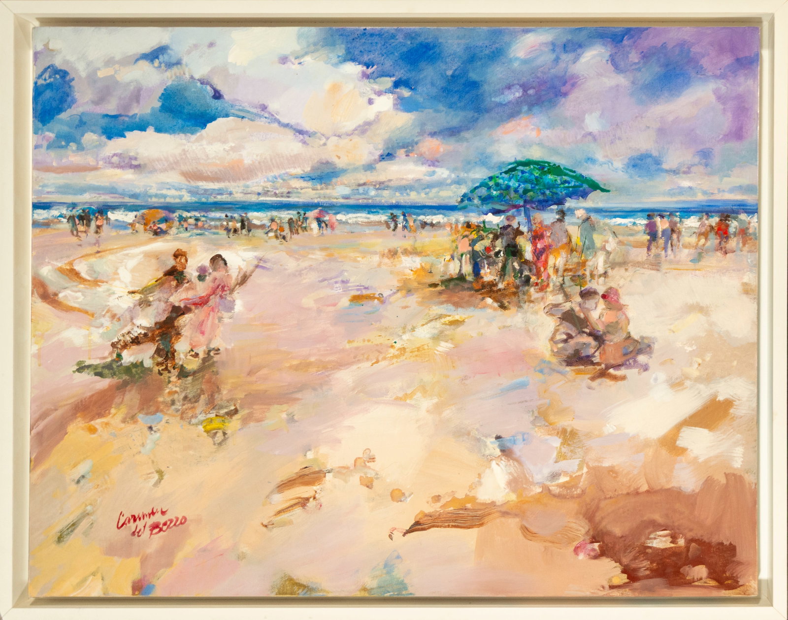 Beach Marina. Signed Carmen del Berro. Spanish School. 20th Century.: Oil on canvas. Dimensions: 99 x 81 cm. A lively view of a beach populated by playful bathers, arranged under umbrellas and scattered along the horizon. The composition captures the hustle and bustle o