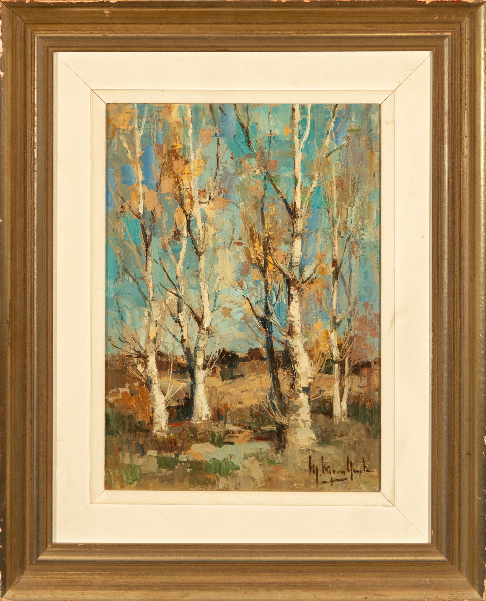 Forest scene. Signed. Spanish School. 20th century.: Oil on panel. Dimensions: 49 x 35 cm. Vertical landscape featuring a grove of white poplars, their slender trunks silhouetted against a vibrant blue sky. The energetic, impasto brushstrokes, typical o