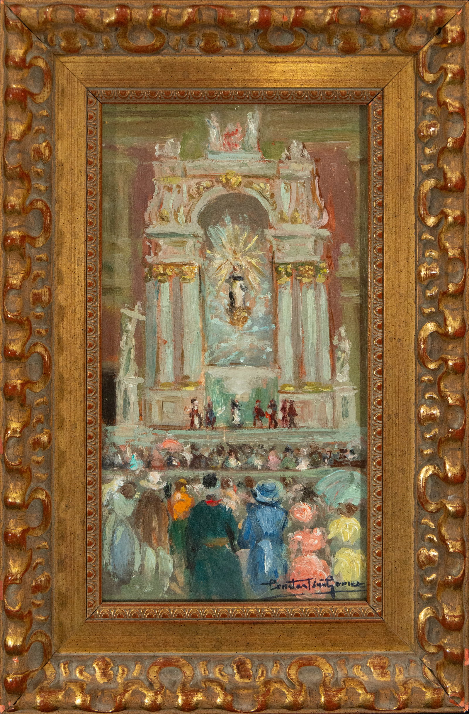 Cathedral interior with altar and congregation. Signed Constantino Gómez. Valencian School. 20th (1 of 4)