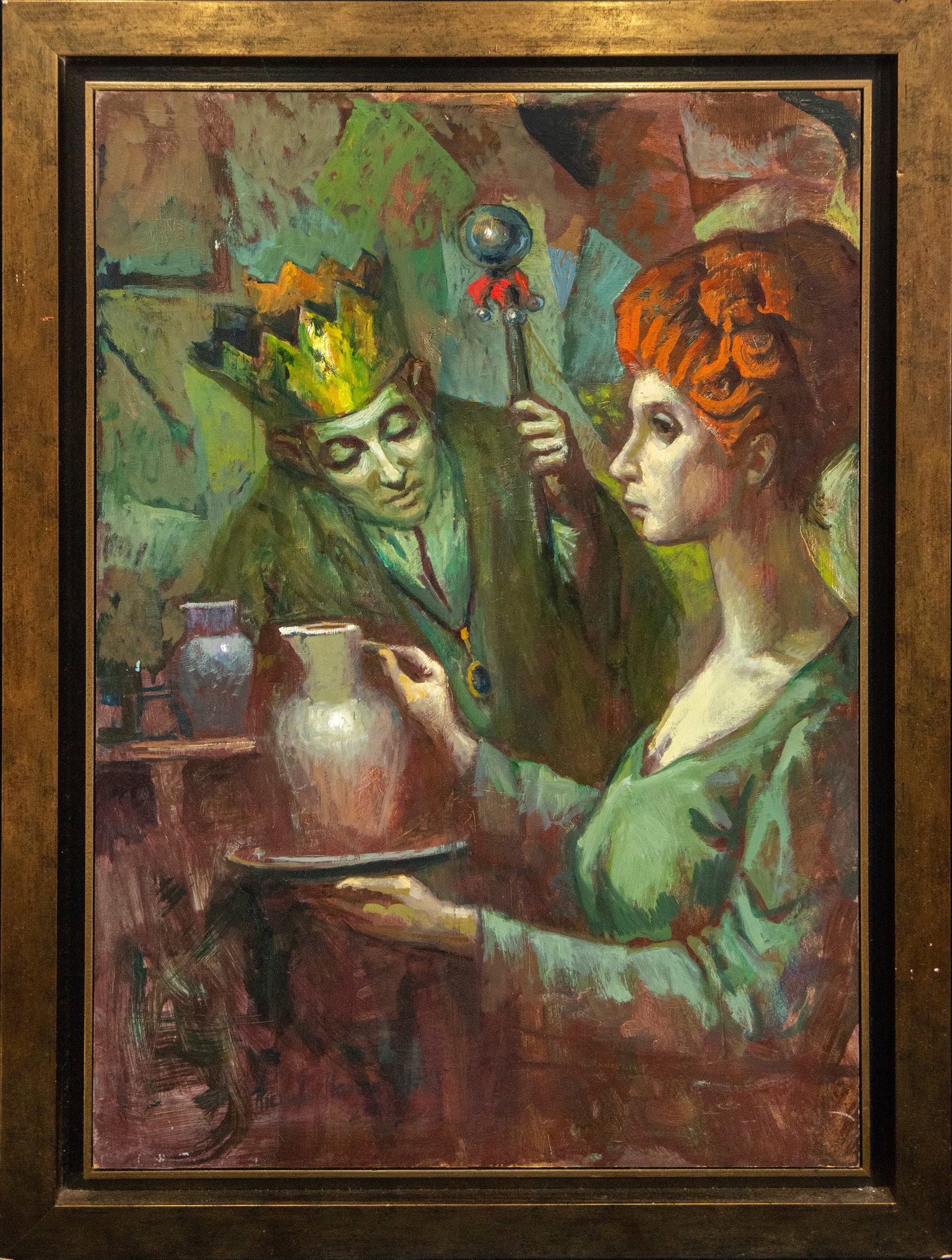 Young man with a jug before a crowned magician. Signed Ricardo Llorens Cifré. Valencian School.: Oil on canvas. Dimensions: 81 x 57 cm. In an interior of indeterminate character and dreamlike atmosphere, a scene charged with symbolism unfolds. In this portrait, a young woman in profile, with pale