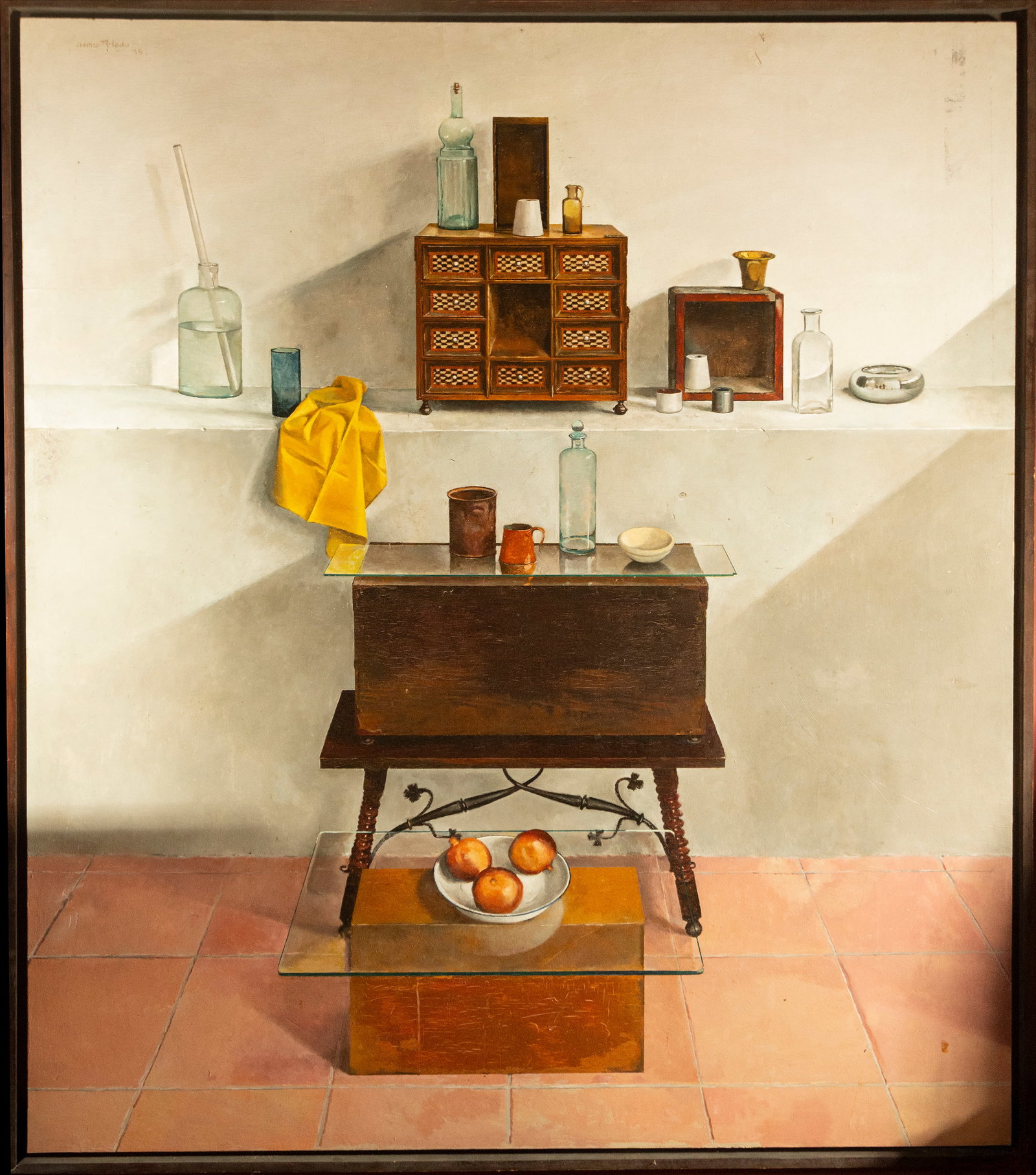 Still life with a writing desk, signed ?lvaro Toledo, Spanish School, 20th century: Oil on panel, Dimensions: 160 x 140 cm and 166 x 146 cm. The work depicts a sober interior featuring a multi-drawer cabinet and everyday objects such as bottles, containers, and fruit arranged on a pi