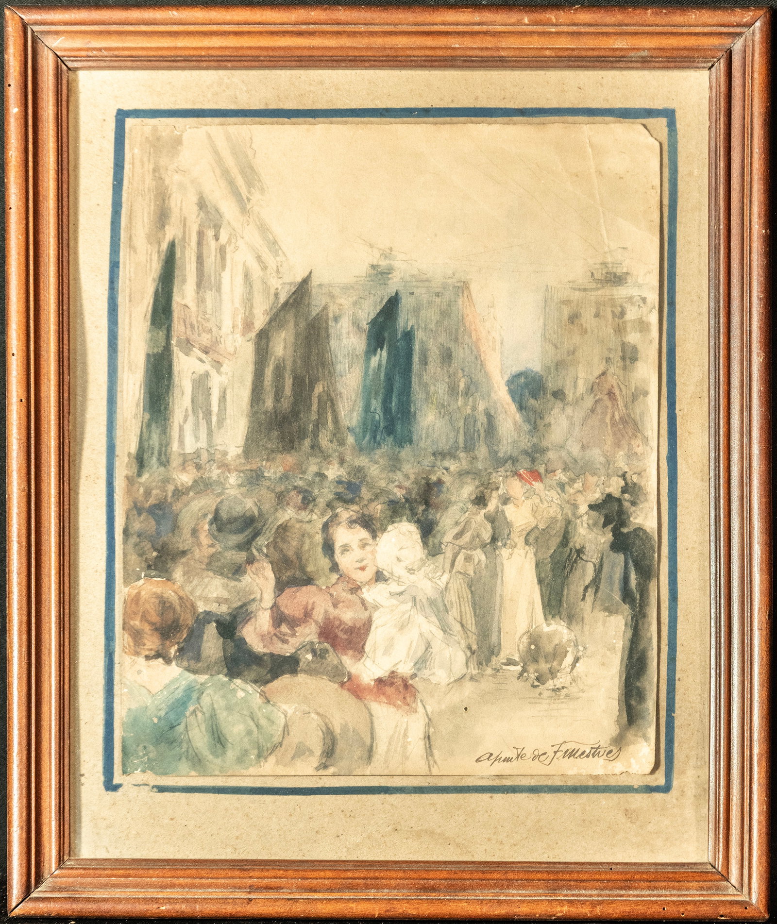 Félix Mestres (Barcelona, ??1872-1933) Mercè Festival in Plaza San Jaume,: Watercolor on paper. Measurements: 32 x 26 cm, framed measurements: 45 x 37 cm