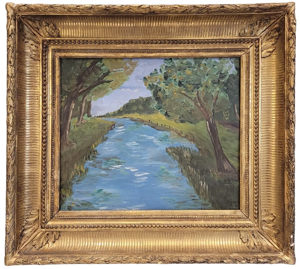 “RIVER LANDSCAPE?? FRENCH SCHOOL, IMPRESSIONISM, PS XX – FRANCE: Overall dimensions: 59 x 65 x 7.5 cm. Dimensions without frame: 37 x 44 cm.