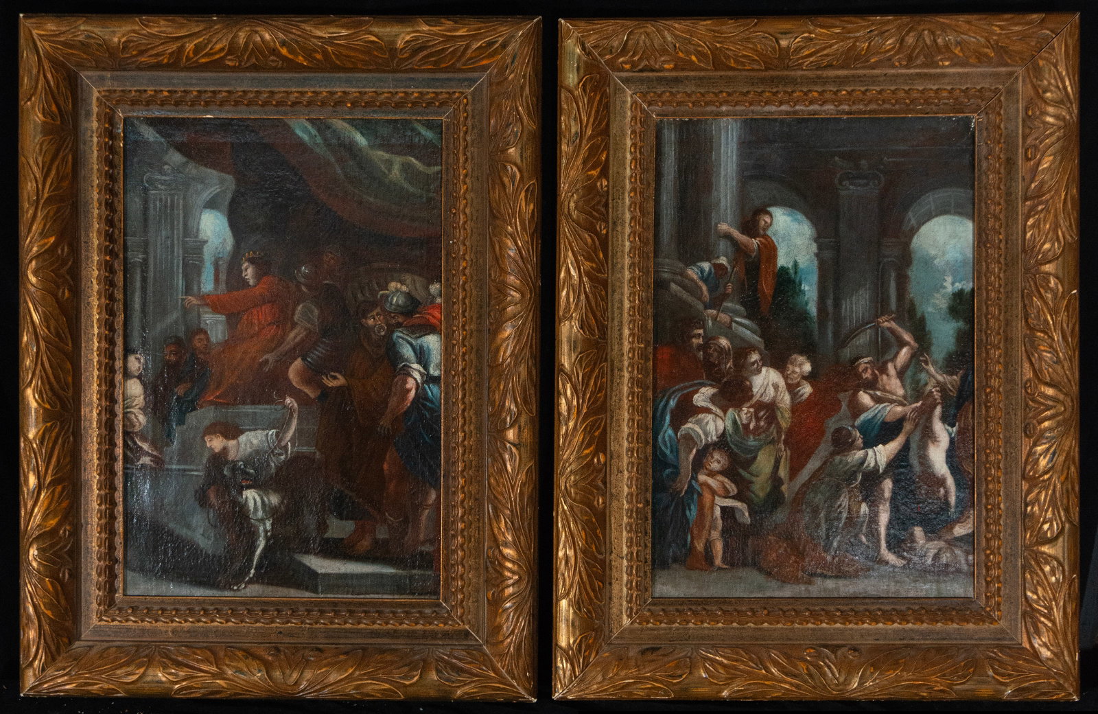 Pair of courtly scenes with oriental figures, European School, 18th Century: Oil on canvas. Dimensions 55 x 36 cm; 75 x 56 cm with frame. Two compositions with multiple figures in architectural settings, where characters dressed in exotic clothing interact in palatial environm