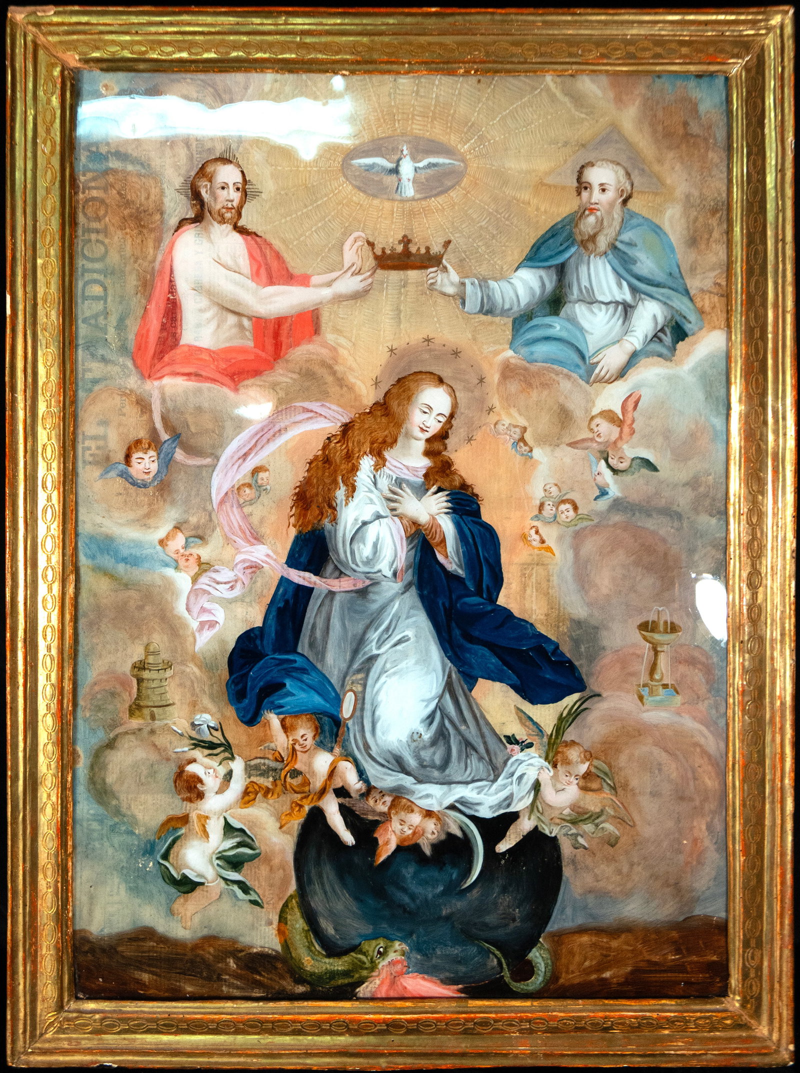 Coronation of the Virgin with the Trinity, Spanish School, 18th Century: Oil on canvas. Measures 80 x 58 cm; 90 x 69 cm with frame. Scene with the Virgin in the center, standing on clouds with her hands crossed on her chest, surrounded by angels, while at the top two figur