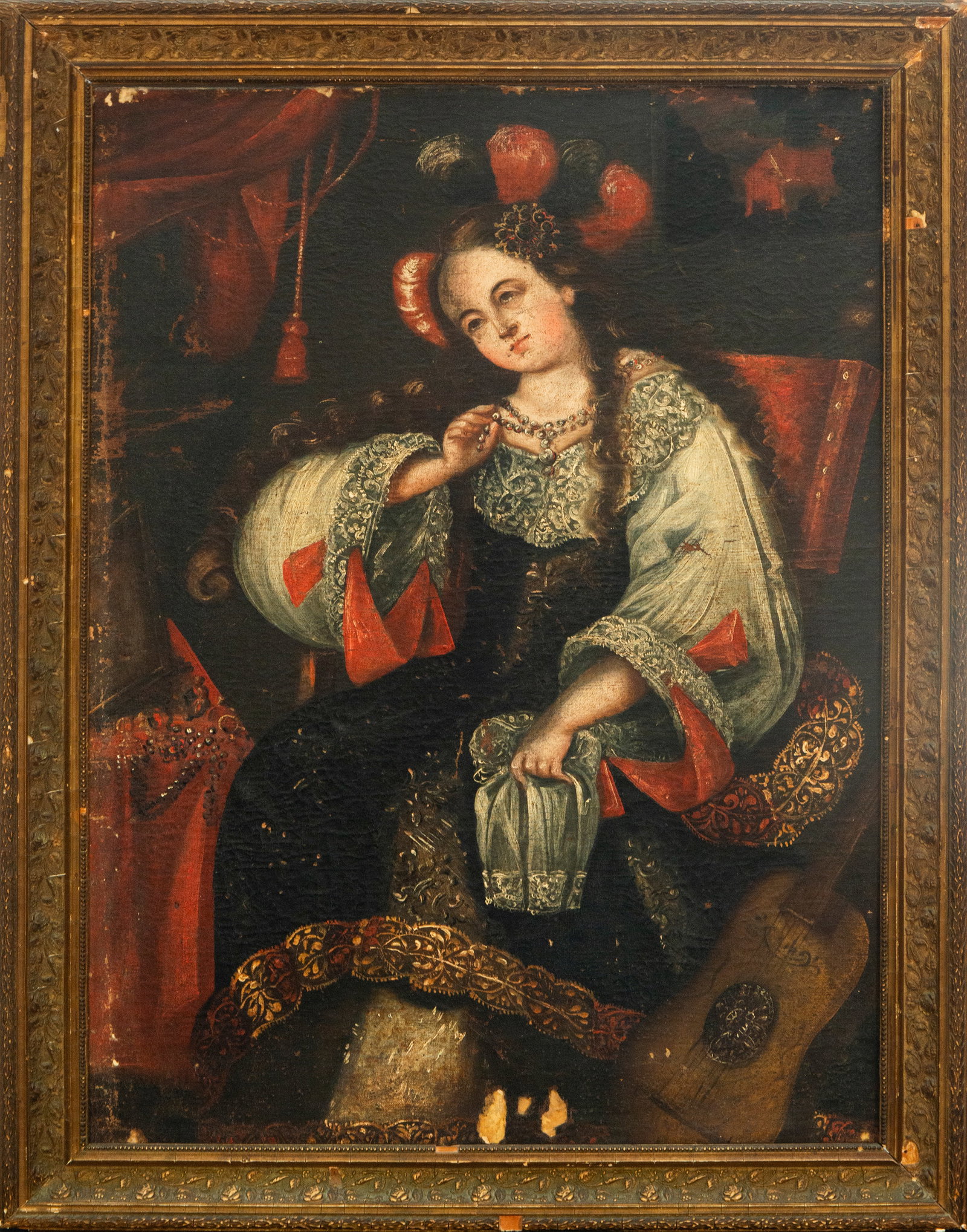 Saint with guitar. Colonial School. 17th Century.: Oil on canvas. Dimensions 78 x 58 cm. This work belongs to the viceregal period in the Americas, likely from an Andean workshop. The elegantly dressed female figure, adorned with rich brocade fabrics 
