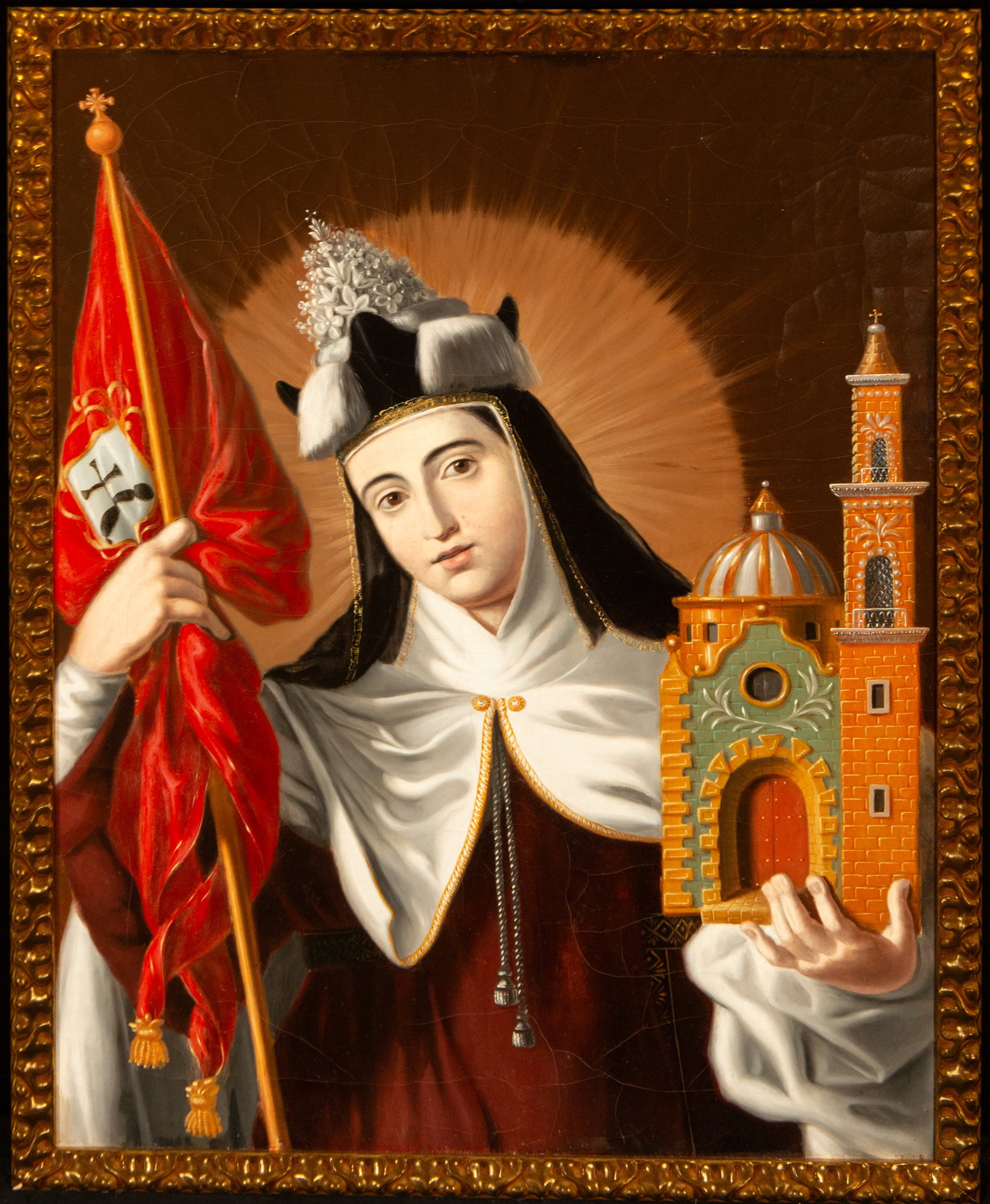 Saint Teresa as a Doctor of the Church. New Spain School, 18th Century.: Oil on canvas. Dimensions: 79 cm x 60 cm and 84 cm x 65 cm (framed). A solemn representation of Saint Teresa of ?vila as a Doctor of the Church, depicted in half-length portrait and dressed in the Car