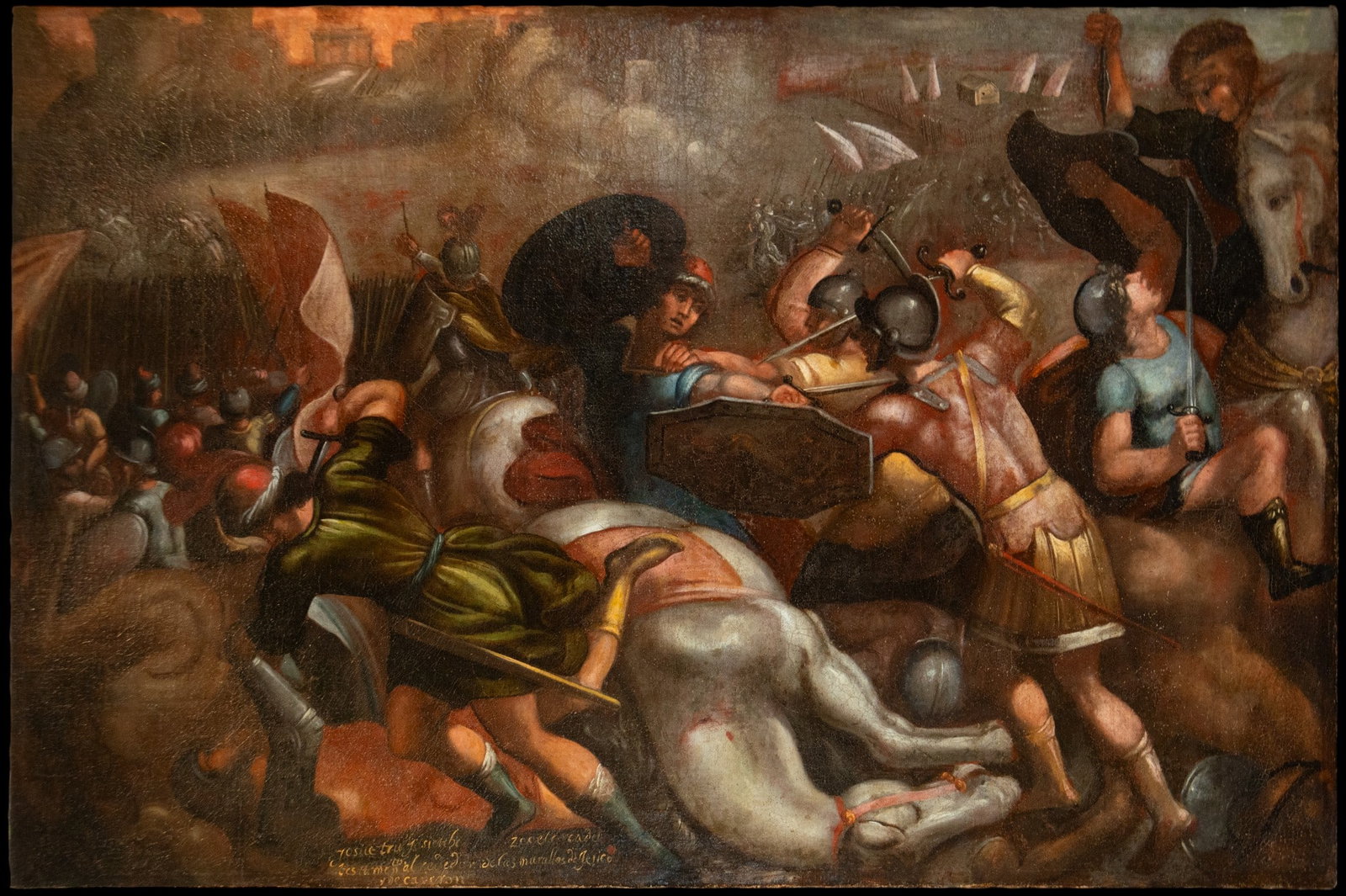 Battle of Jericho. Italy - Circle of Antonio Tempesta, 16th Century: Oil on canvas. Dimensions 106 cm x 162 cm. A highly dynamic battle scene depicting the biblical episode of the Battle of Jericho, with a wide array of figures in combat, tense horses, and armed soldie