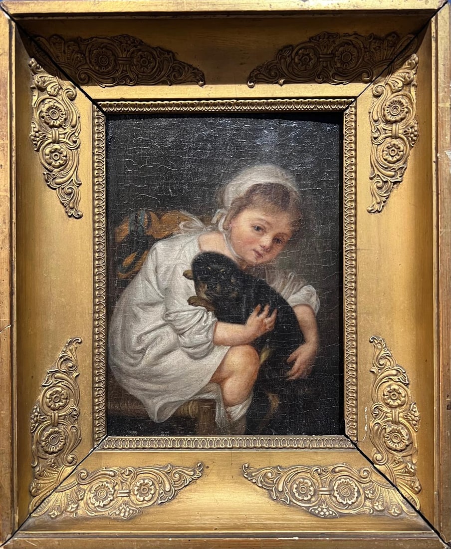 Girl with Dog - Manner of Jean-Baptiste Greuze (1725-1805), 18th century: Beautiful and decorative portrait of a girl with her dog. Framed in a French Empire style gilt wood frame. French School, 18th century, traces of an unidentifiable signature in the upper right corner.