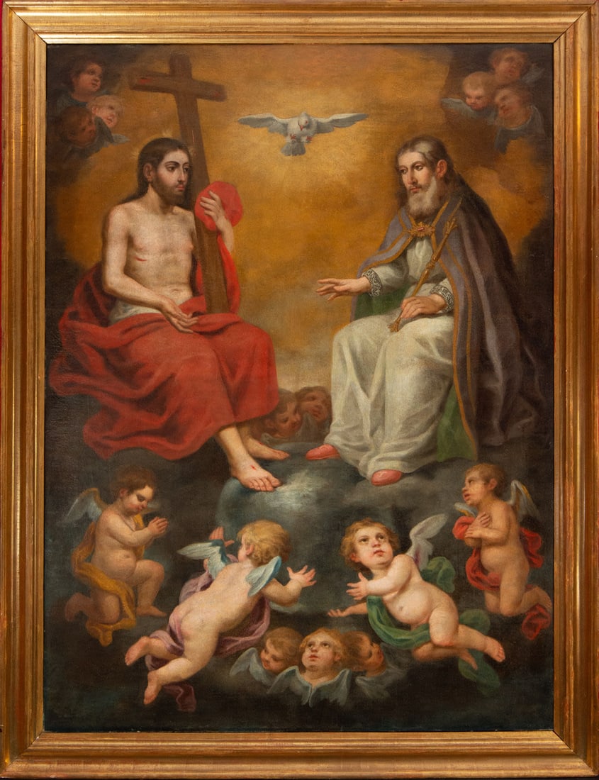 The Holy Trinity, manner of Francisco Antolínez (Seville, c. 1645-c. 1700), Spanish school of the: Oil on canvas, canvas measures: 113 x 83 cm, framed measures 106 x 95 cm
