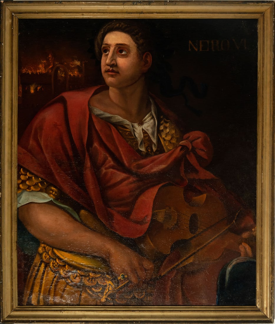 Important Nero Playing the Lyre before the Fire of Rome, 16th century Italian school, school of: Oil on canvas, canvas size: 112 x 94 cm, framed size: 124 x 105 cm. Provenance: important private collection in Madrid. Vincenzo Campi (Cremona, 1530/1535-1591). Italian painter. Belonging to a family