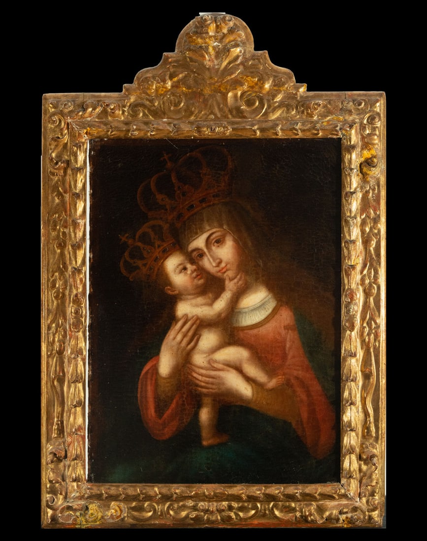 Virgin with Child, colonial work from New Spain from the 18th century: Oil on canvas: 74 x 55 cm, framed measurements: 108 x 72 cm. Origin: private collection, Spain.