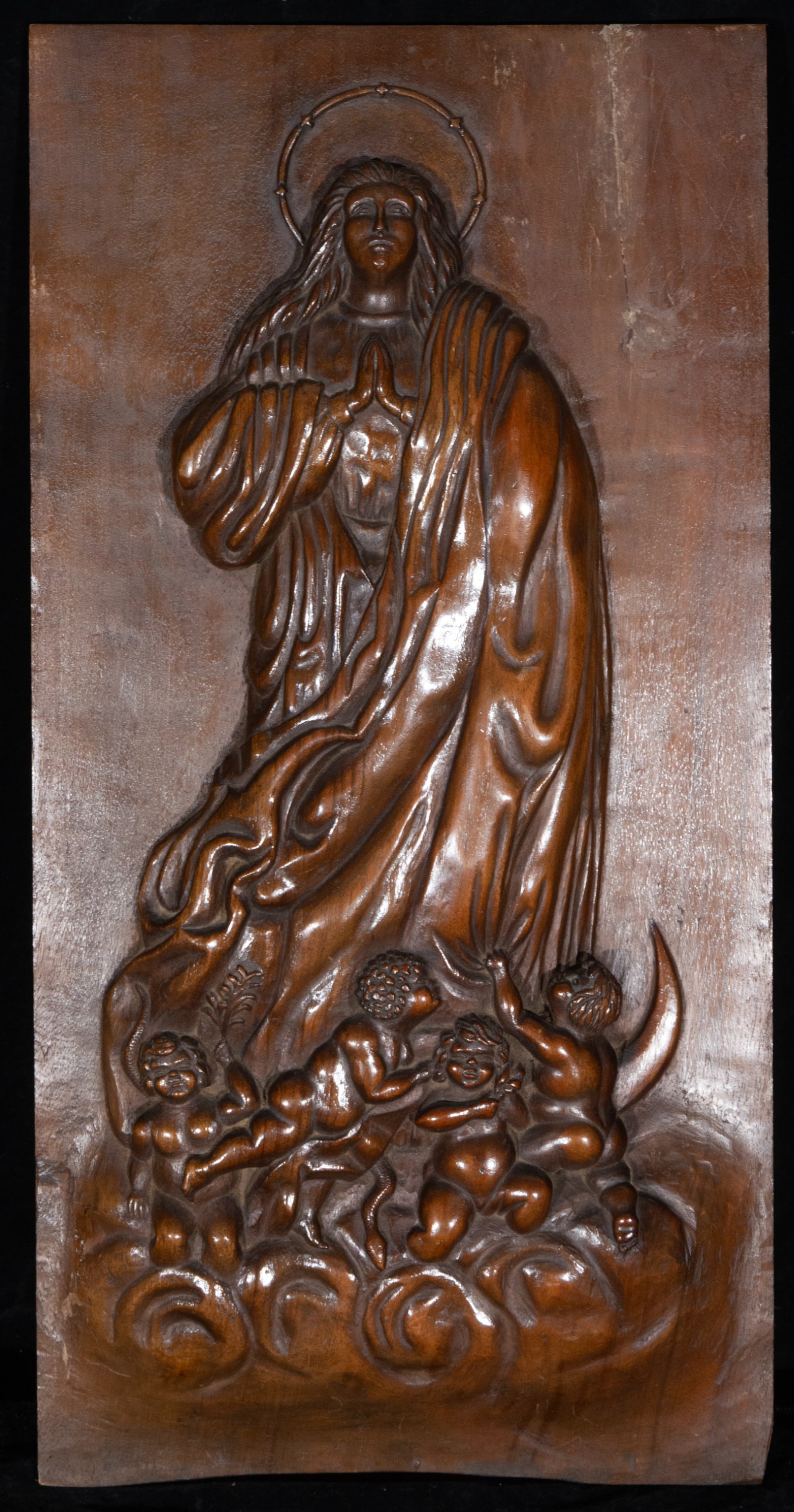 Praying Virgin on Clouds with Cherubs in Wood, French School, 19th Century (1 of 4)