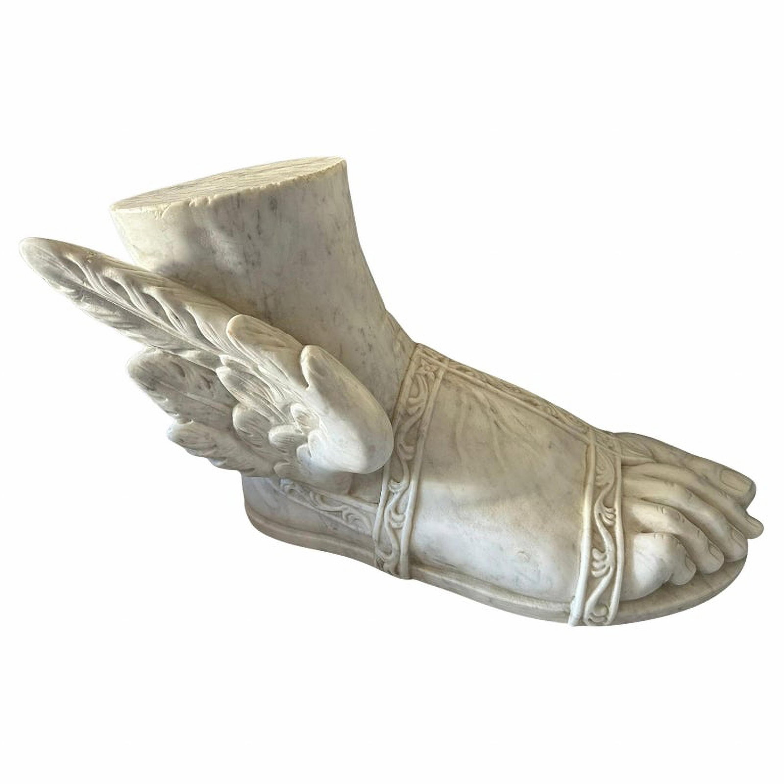 Winged Foot of Mercury in Carrara Marble. Neoclassical School. 19th Century.: Carrara marble carved with precision and delicacy. Dimensions: 46 × 30 × 20 cm. The piece depicts a winged foot inspired by Mercury, the Roman god linked to the Greek Hermes. The sculptor masterfull