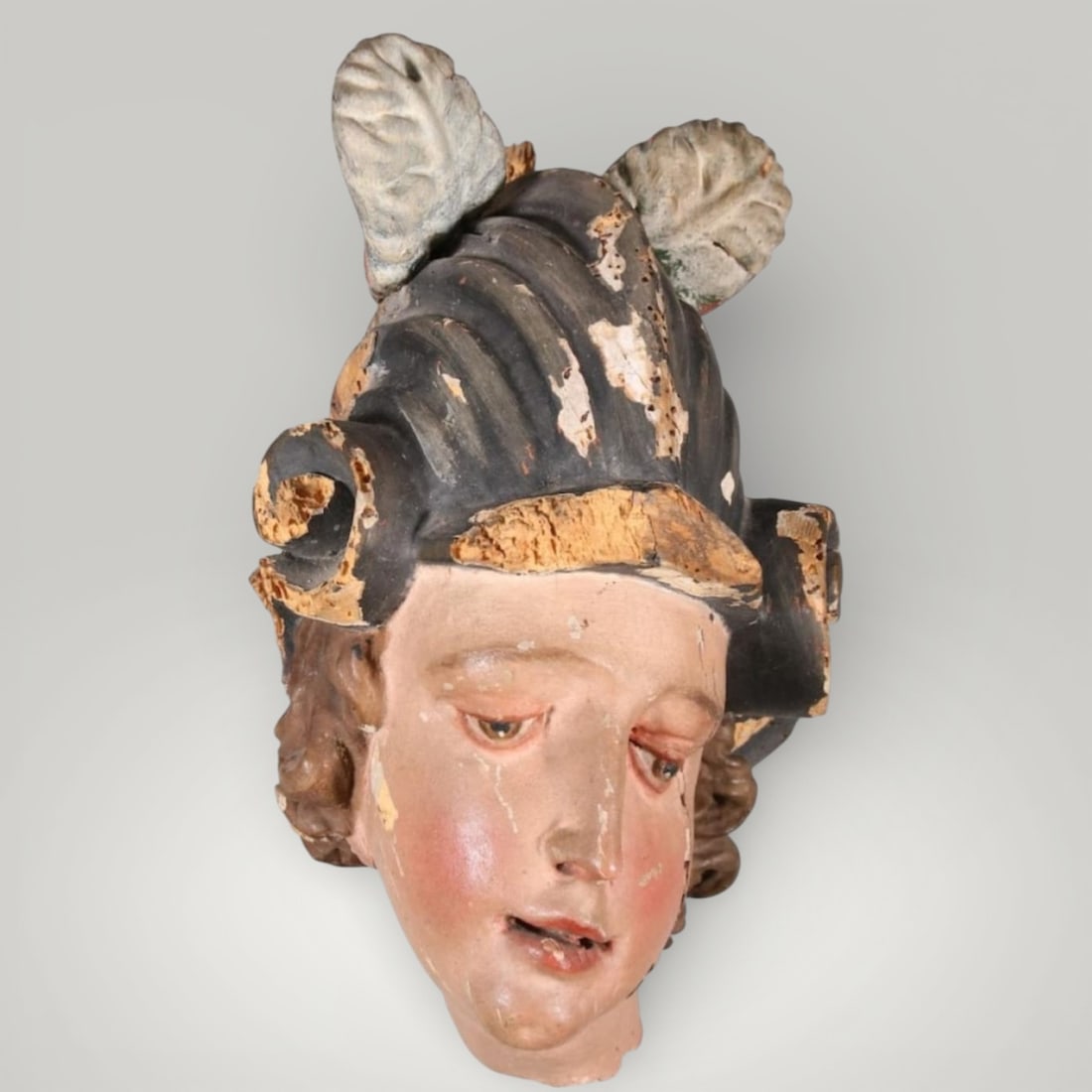 Rare Neapolitan Archangel Head in wood, 18th century (1 of 2)