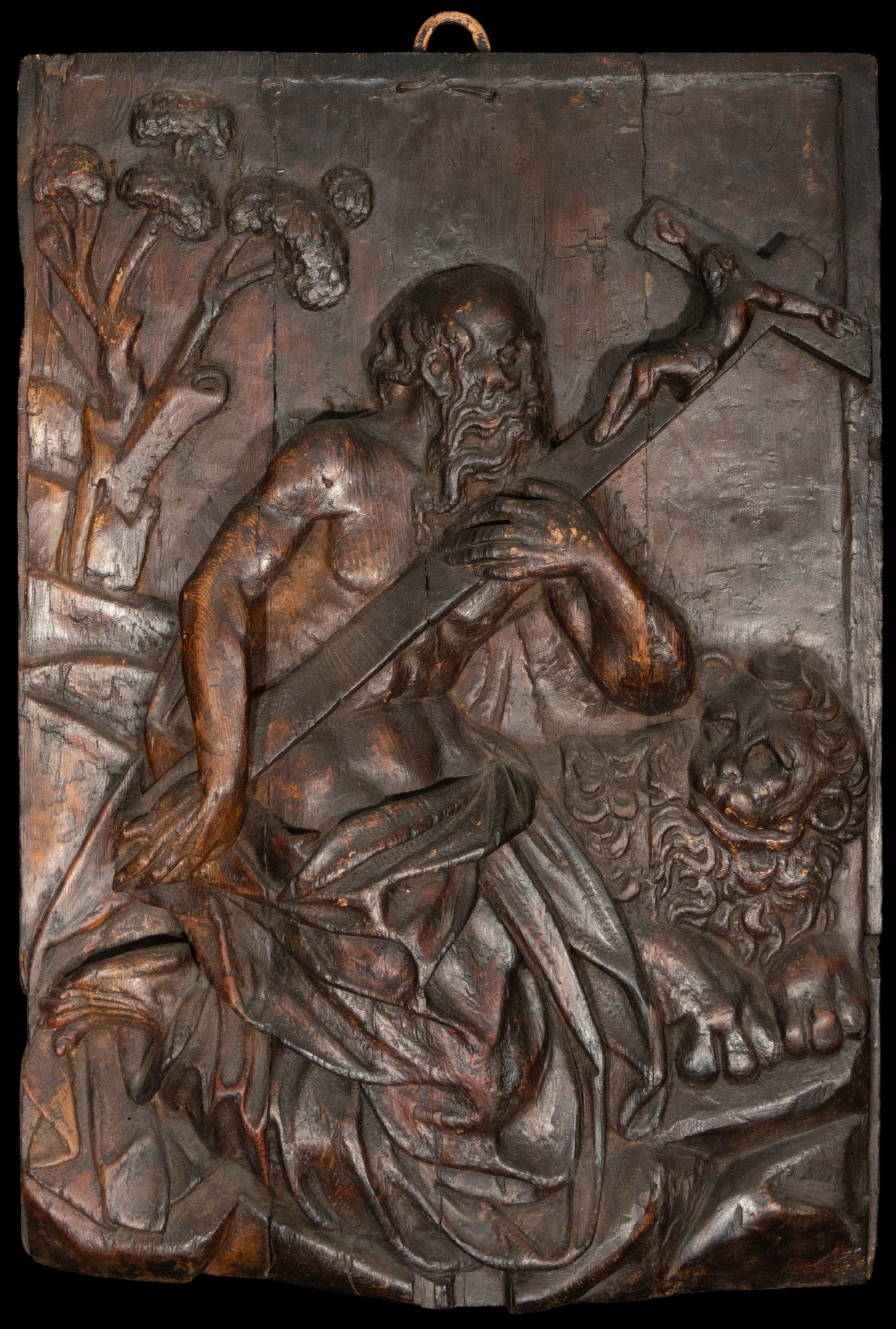 Saint Jerome in Penitence. Carved wooden relief. Spanish School. 17th century. (1 of 3)