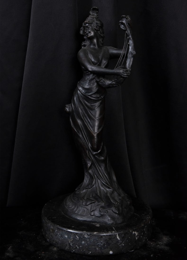 Bronze sculpture of Lady with harp, 20th century (1 of 2)