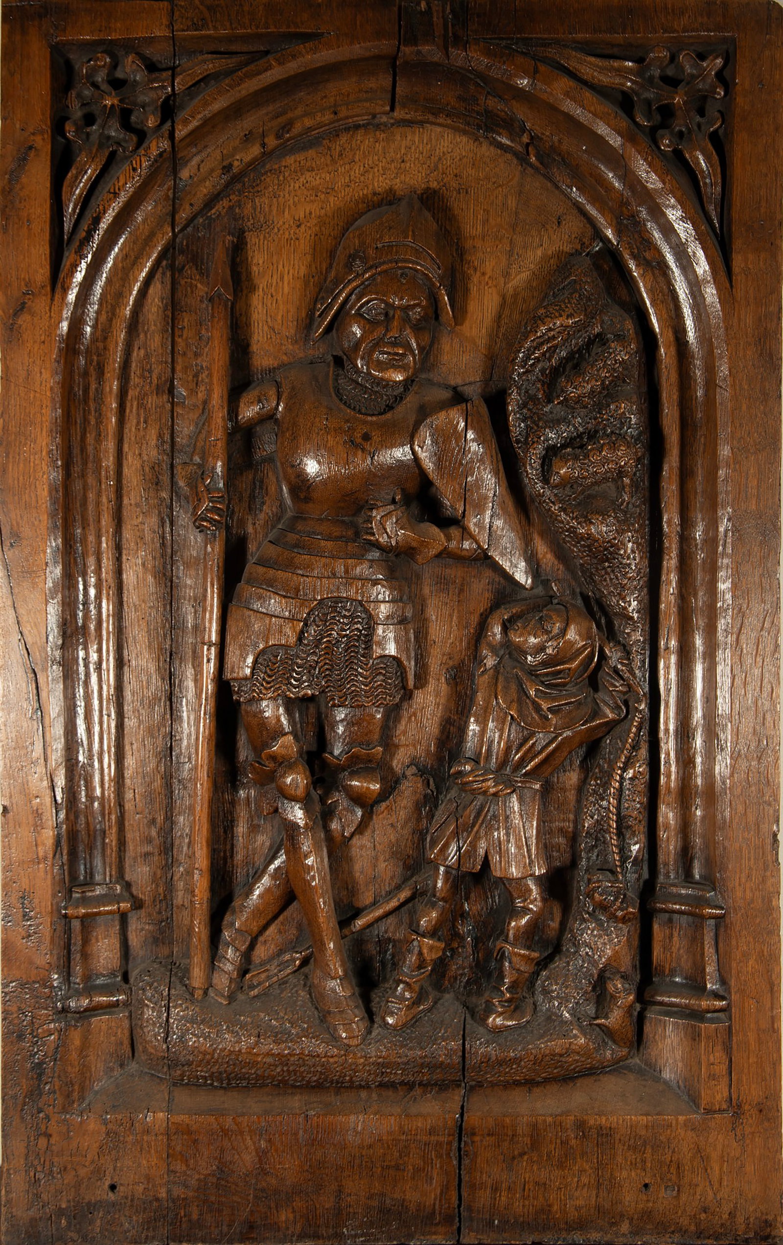 Gothic religious panel in oak carved in relief with Saint George defeating the dragon (1 of 1)