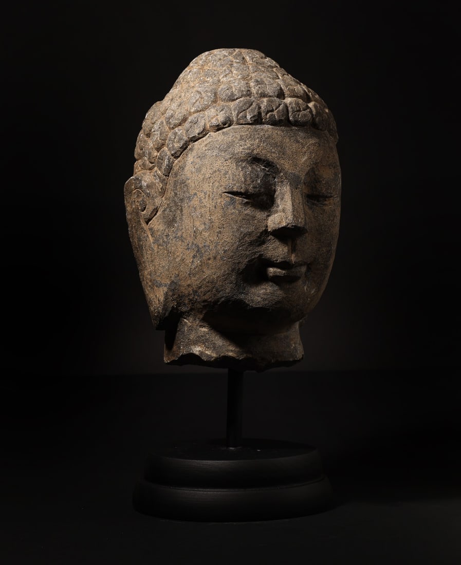Rare Burmese/Myanmar Buddha Head in Stone, 19th Century: Measurements: 24 x 20 cm approx. In stone