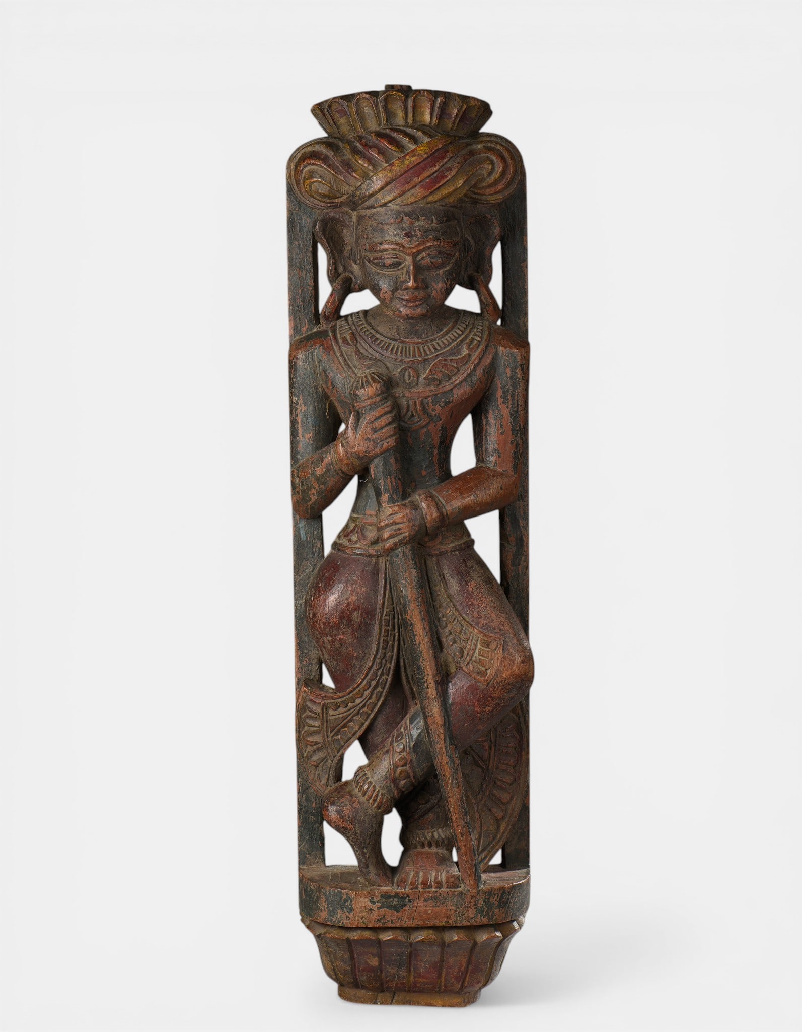 Temple architectural support beam carved with a figure wearing a turban and holding a staff (1 of 1)
