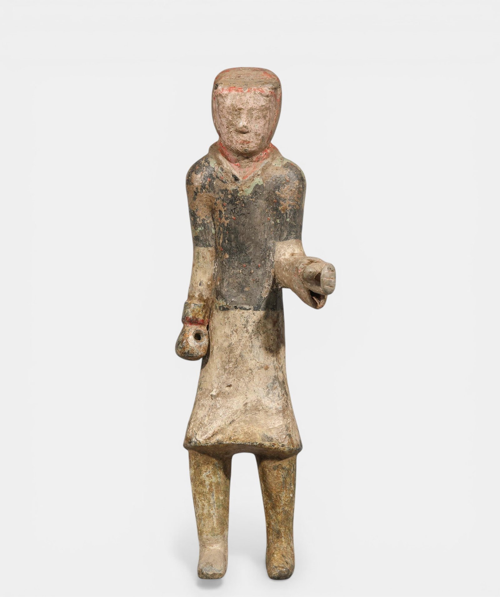 Infant wearing a long tunic and trousers, gesturing as if holding a spear: Terracotta with traces of slip and polychromy. China. Han Dynasty. 206 BC to 220 AD. Height 27 cm. Lot in international warehouse (within the EU). Intra-EU shipment: no import duties apply within the 
