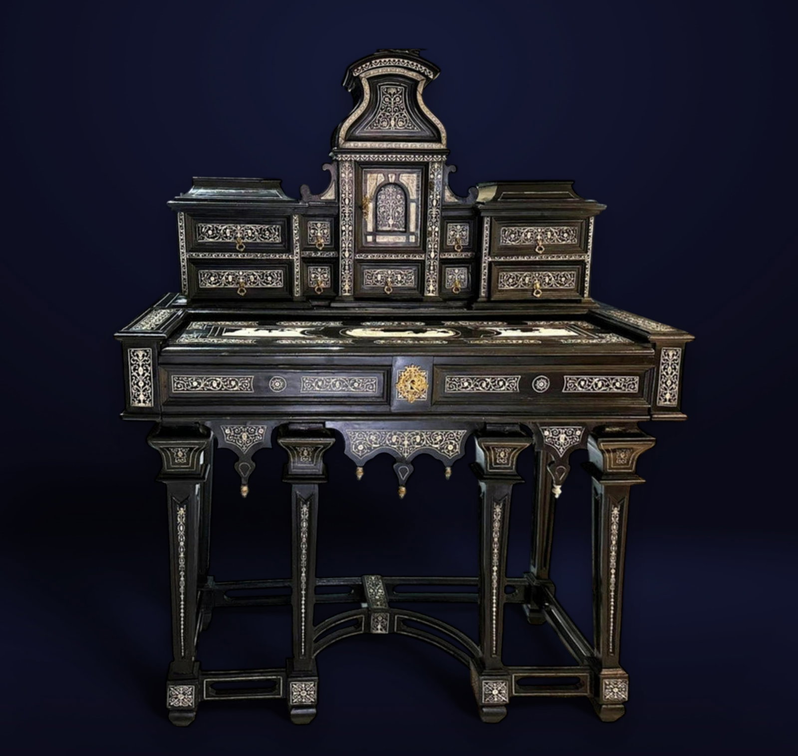 Ebony desk by Joseph Bertin, Milan, 19th century: Magnificent ebony desk by the 19th century cabinetmaker Joseph Bertin, signed and stamped by the maker. This desk has been completely restored, after exhaustive work in accordance with the rules of th