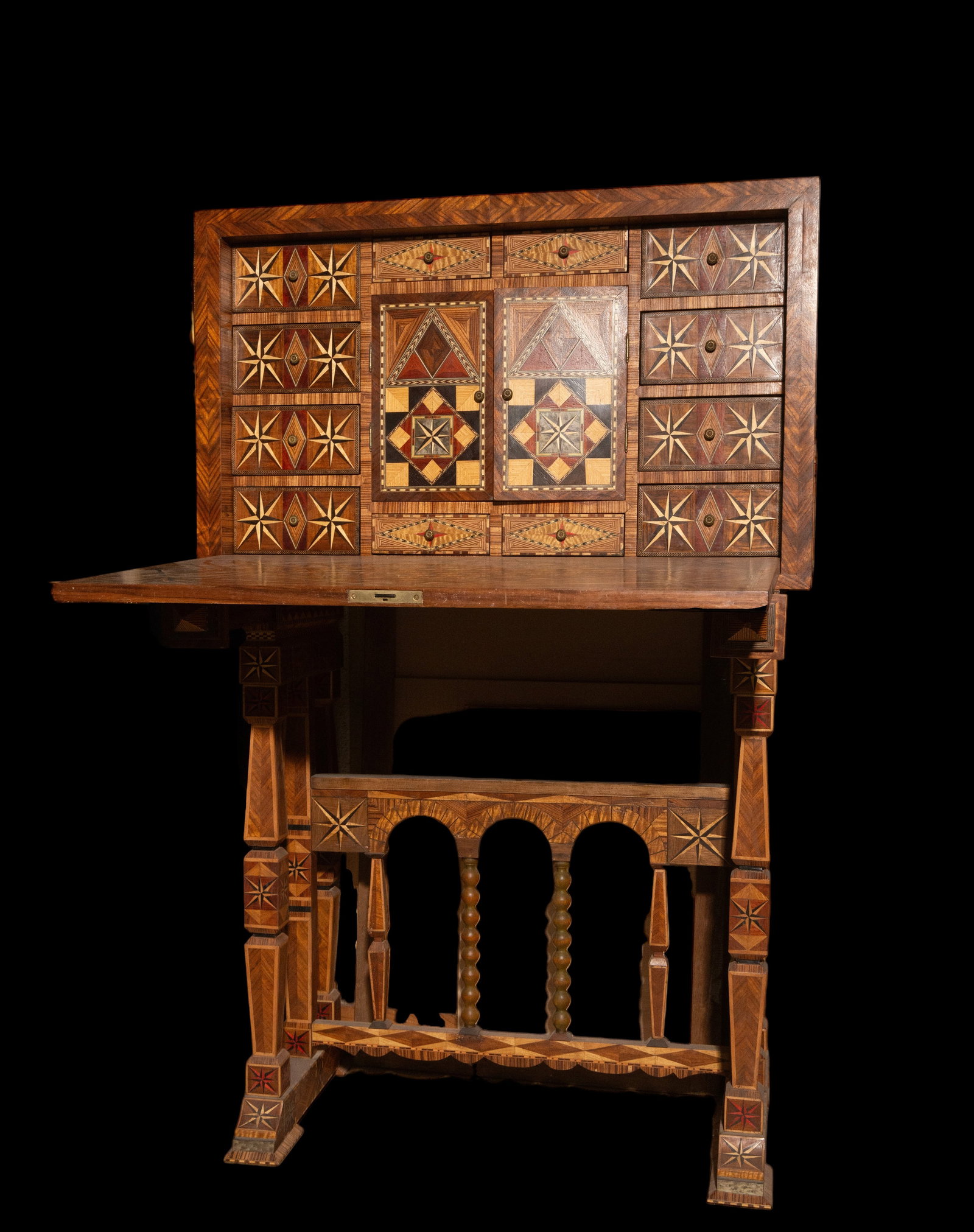 Neo-Mudéjar Hispano-Moorish bargueño with marquetry, 19th century.: Talavera bargueño. Measures 52 x 86 x 85 cm; open 133 x 86 x 85 cm.