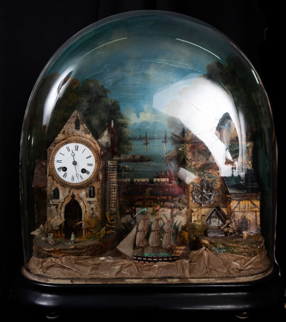 Clock forming an automaton decorated with a town with the sea, in polychrome glass lantern, wood, (1 of 5)