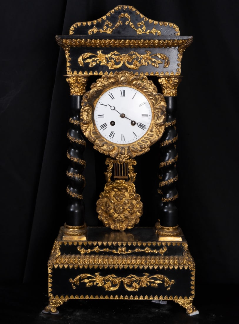 Wooden table clock with four Solomonic columns, Napoleon III style, 19th century (1 of 3)