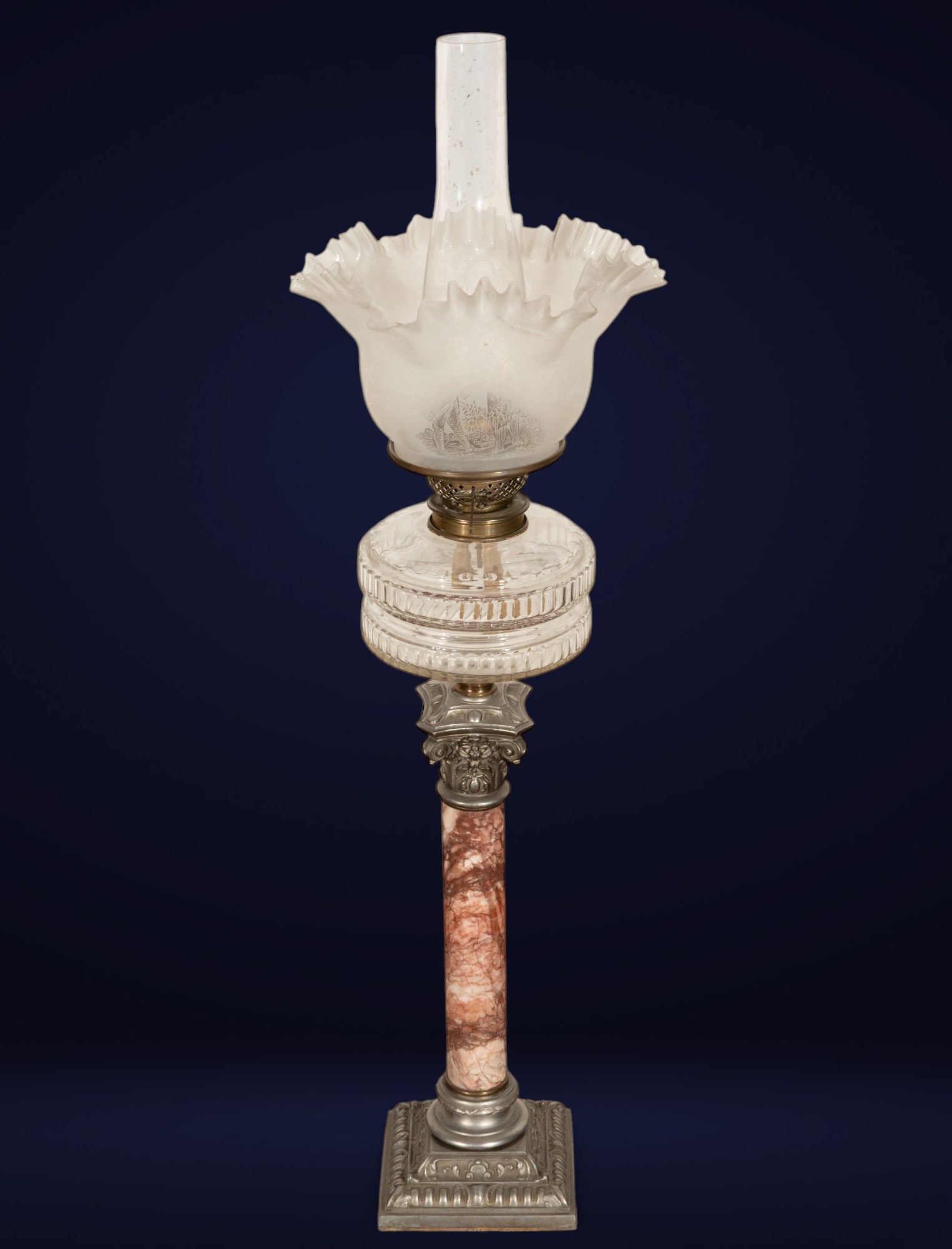 Marble column lamp with silver-plated base and capital. European School. 19th century. (1 of 5)