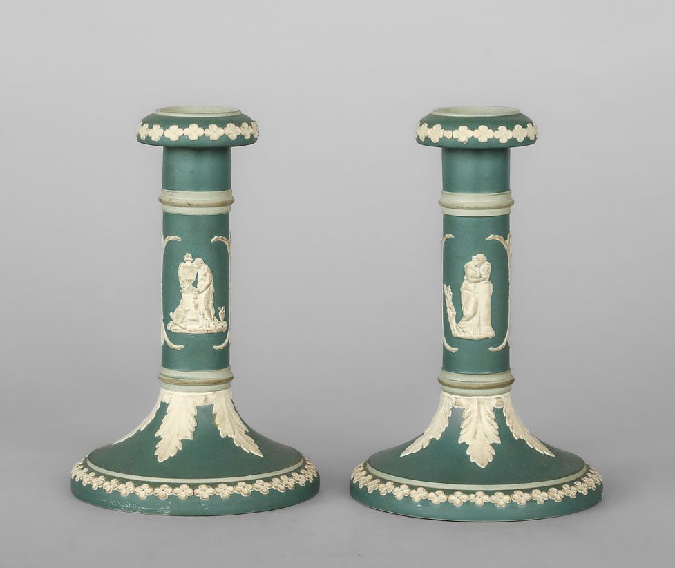 Pair of cylindrical candlesticks in green mottled stoneware with white neoclassical relief (1 of 3)