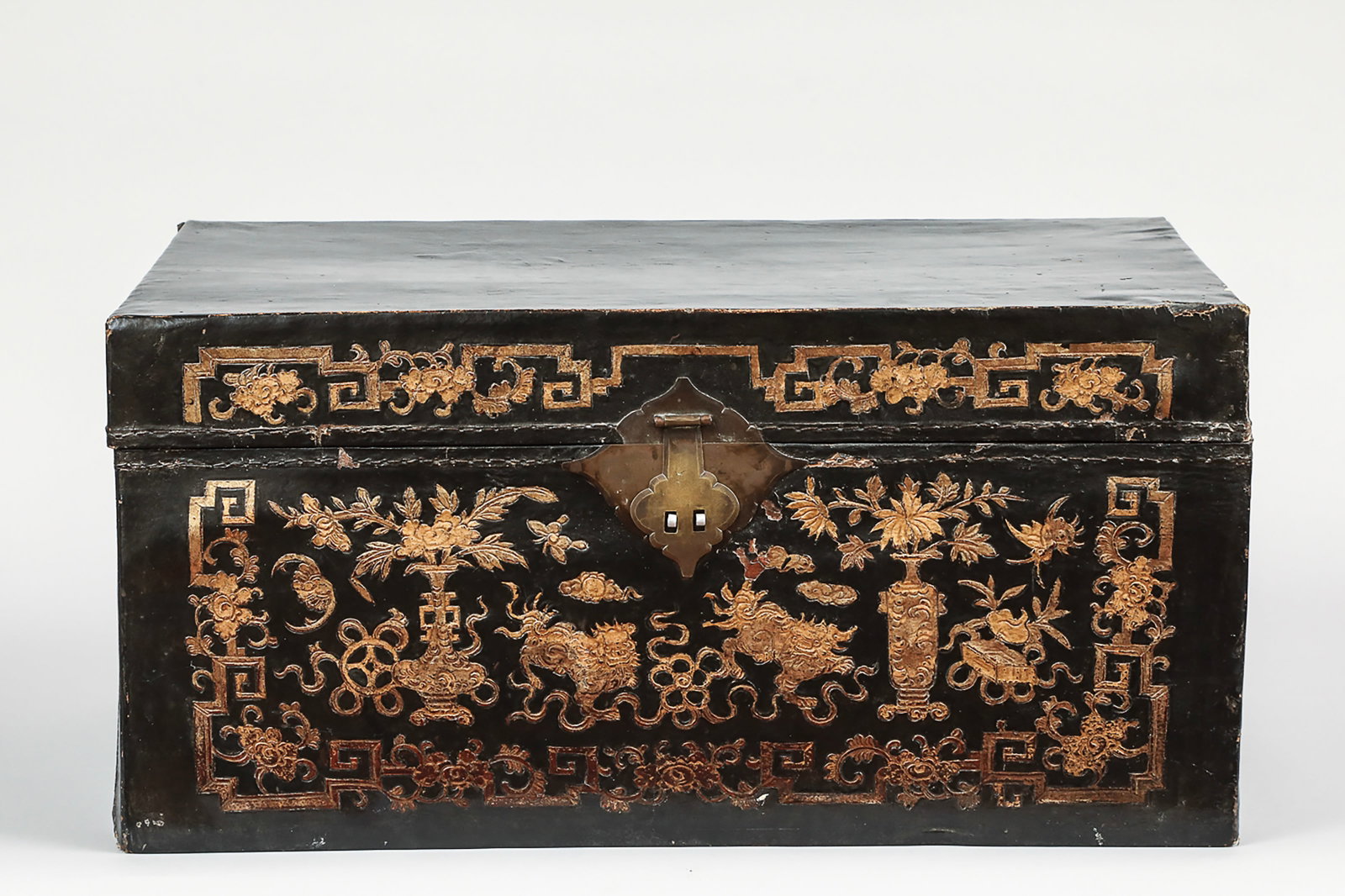 Embossed leather chest decorated with offering vessels, bats, qilin, and fretwork friezes (1 of 4)