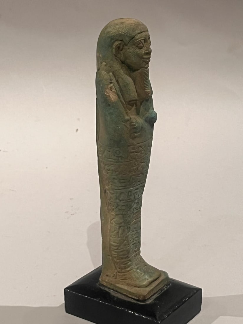 Ushabti of Ancient Egypt, depicting a mummiform Osiris inscribed on turquoise glazed ceramic (1 of 5)