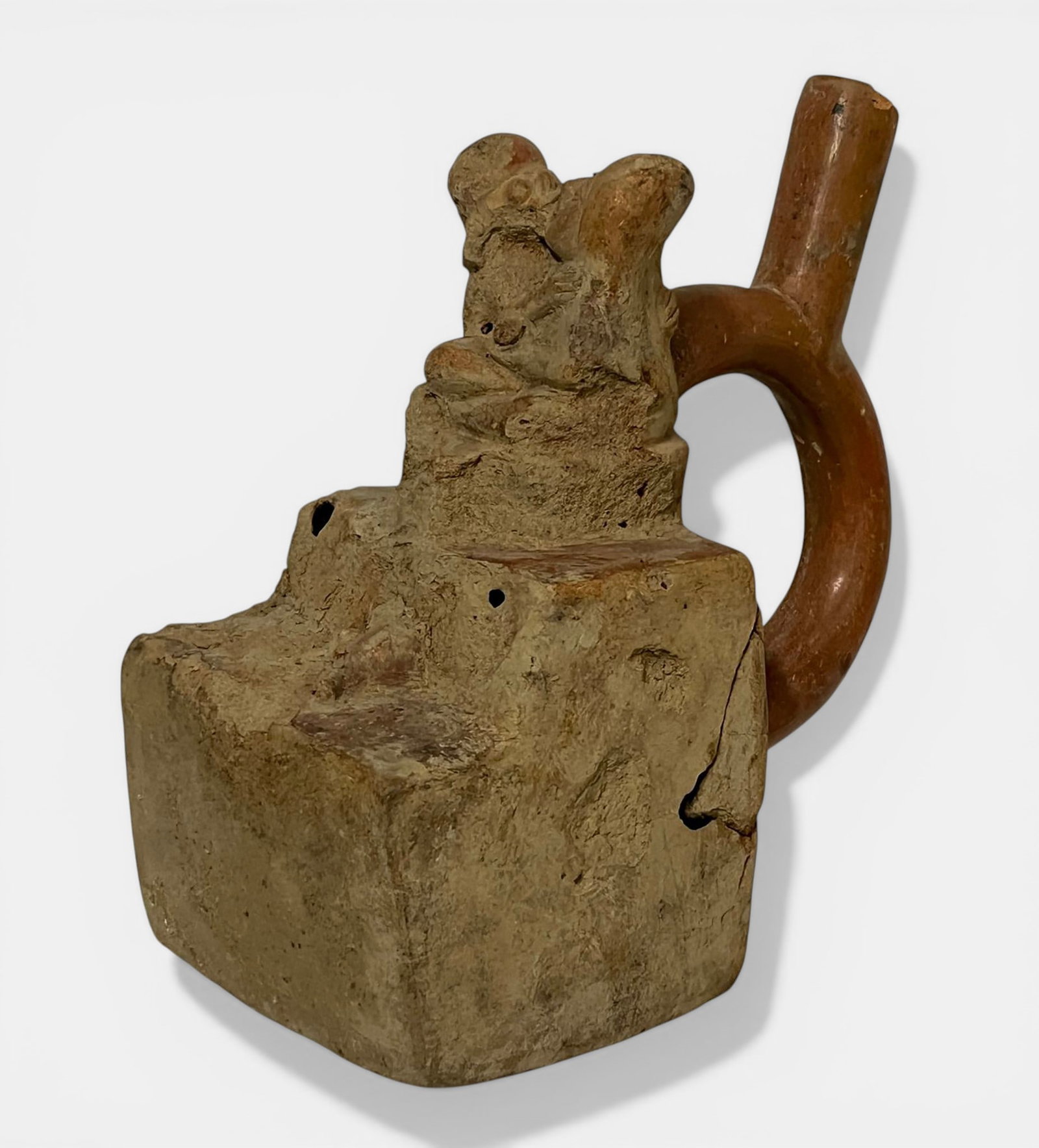 Erotic stirrup handle vase in beige terracotta with orange patina (1 of 6)